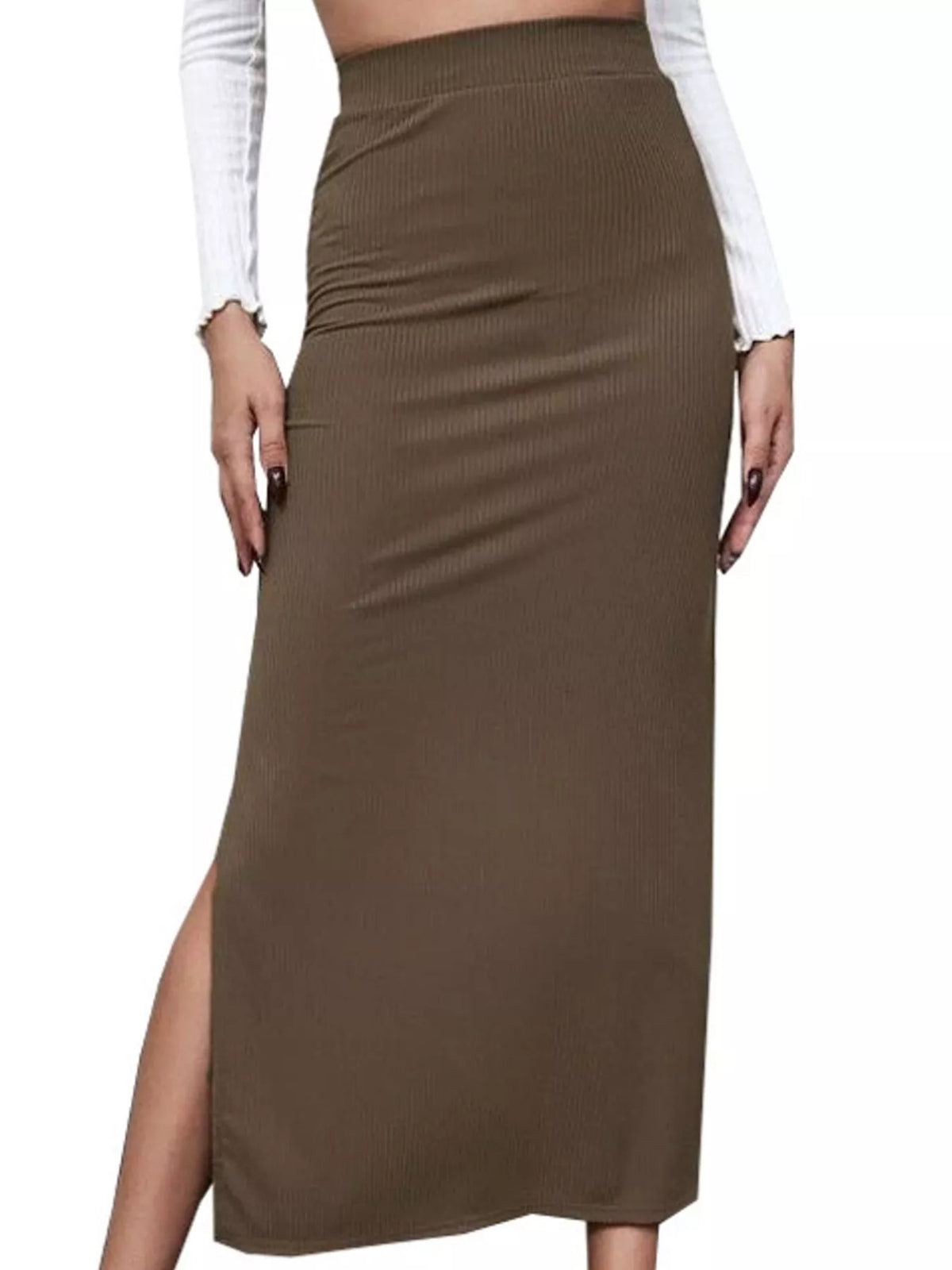 Brown side slit skirt — front view