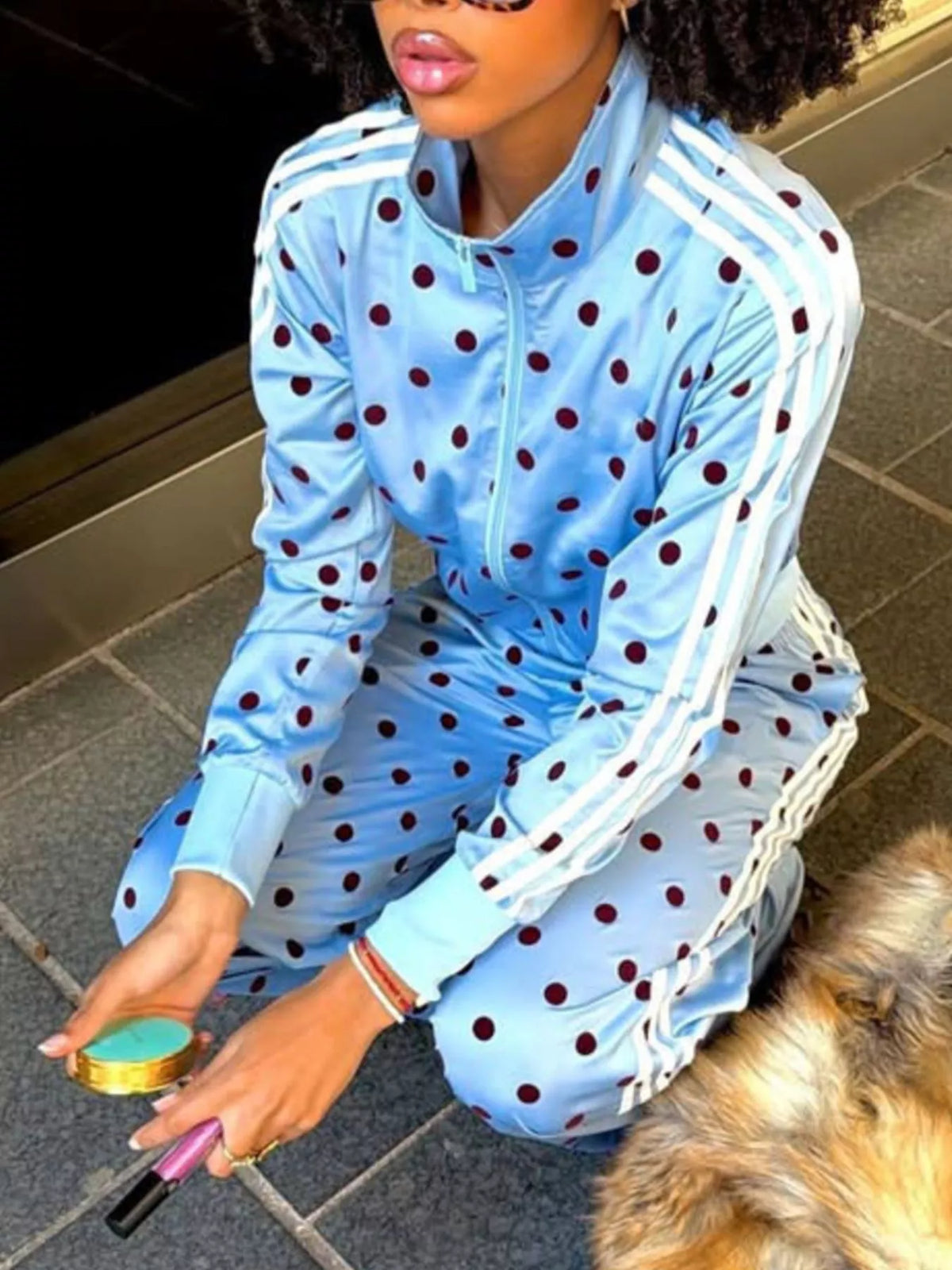 Trendsi Polka Dot Side Striped Outerwear and Pants Set -