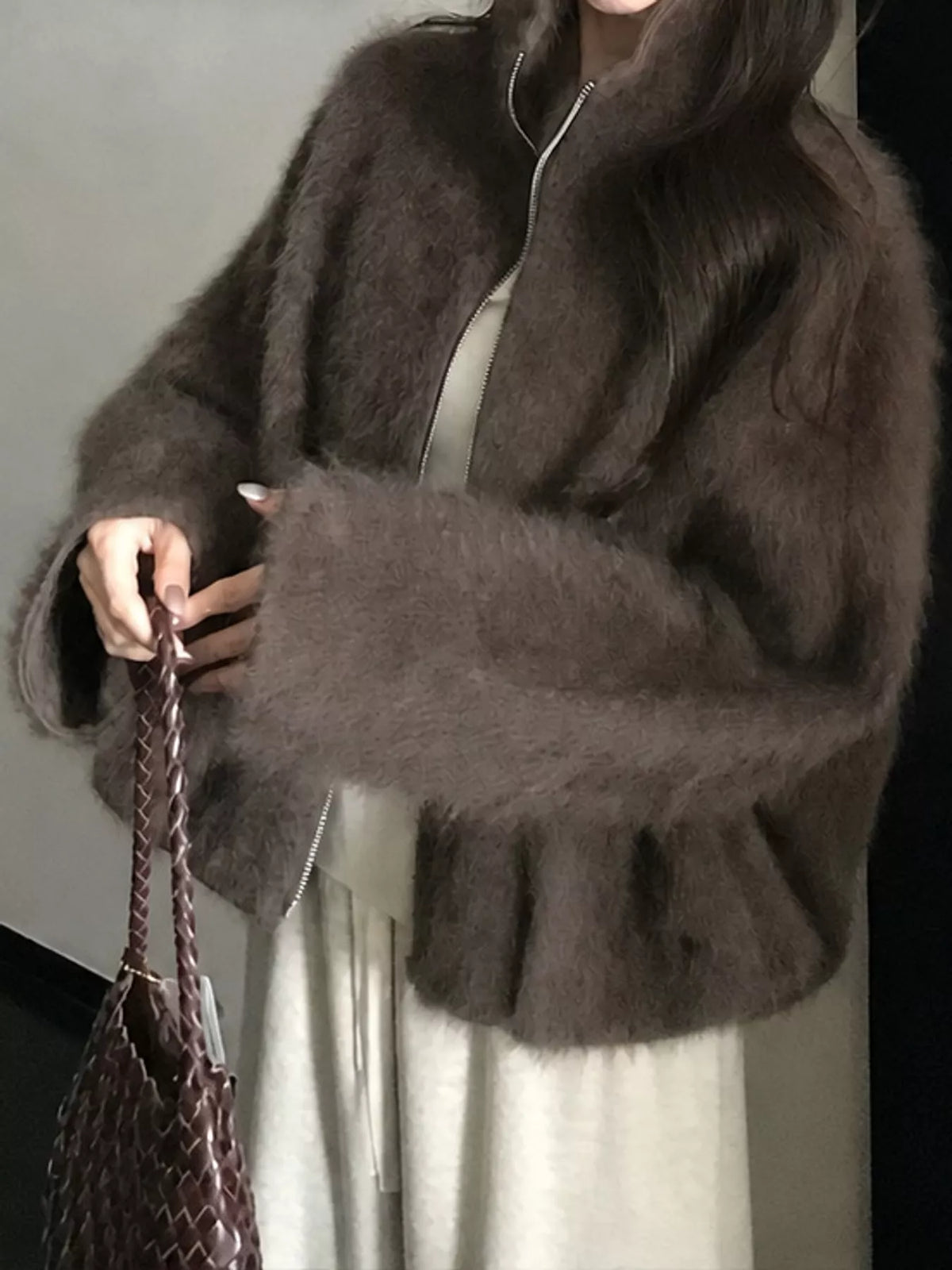 Fuzzy Zip-Up Stand Collar Jacket in brown