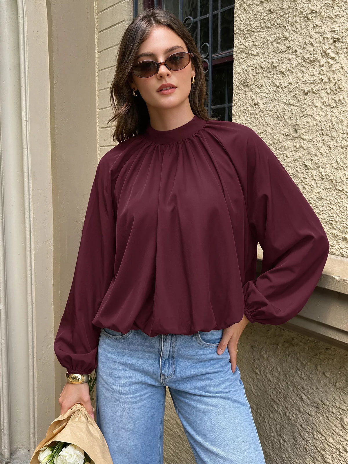 Trendsi Tie Back Balloon Sleeve Blouse -