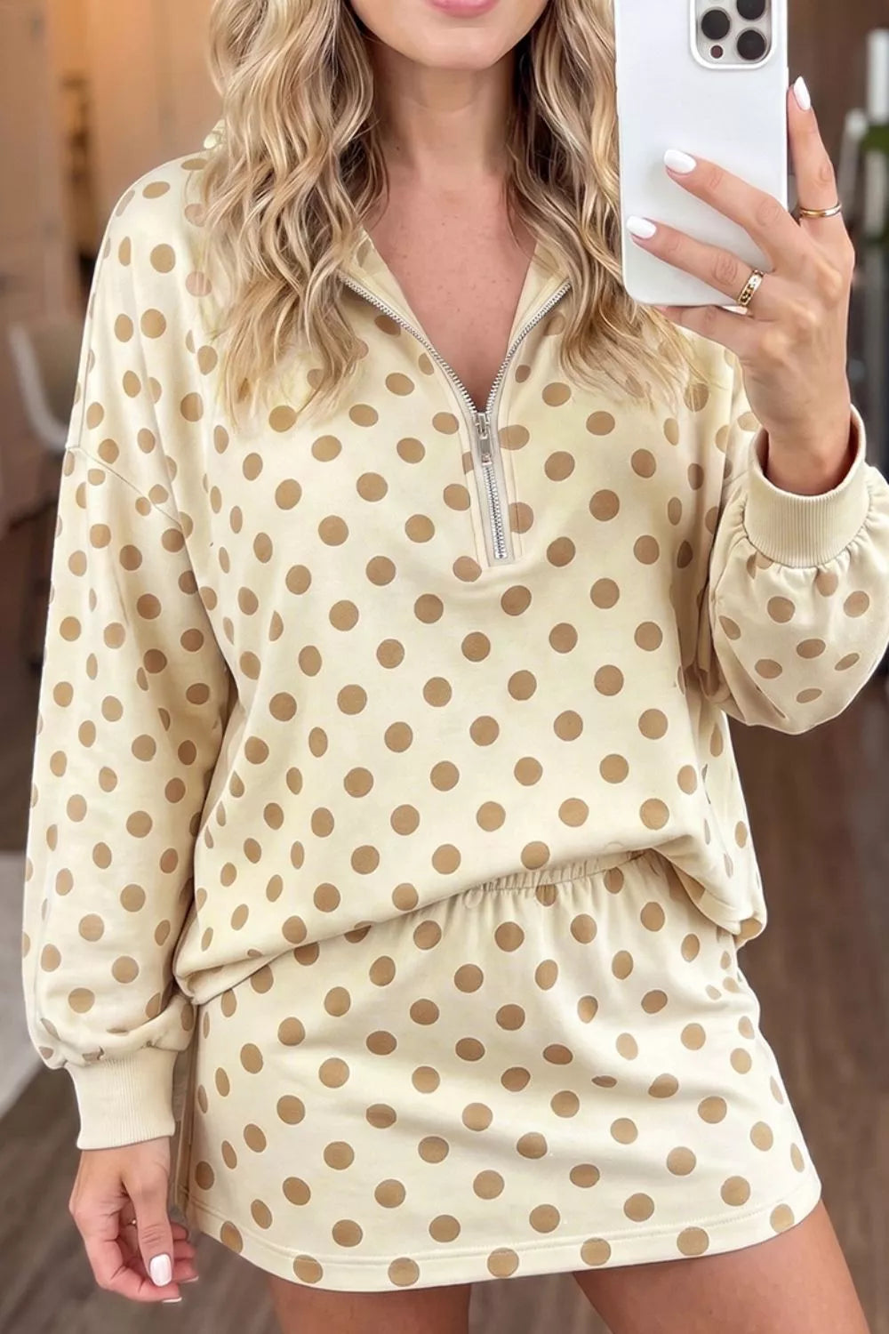 Trendsi Polka Dot Quarter Zip Sweatshirt and Shorts Set -