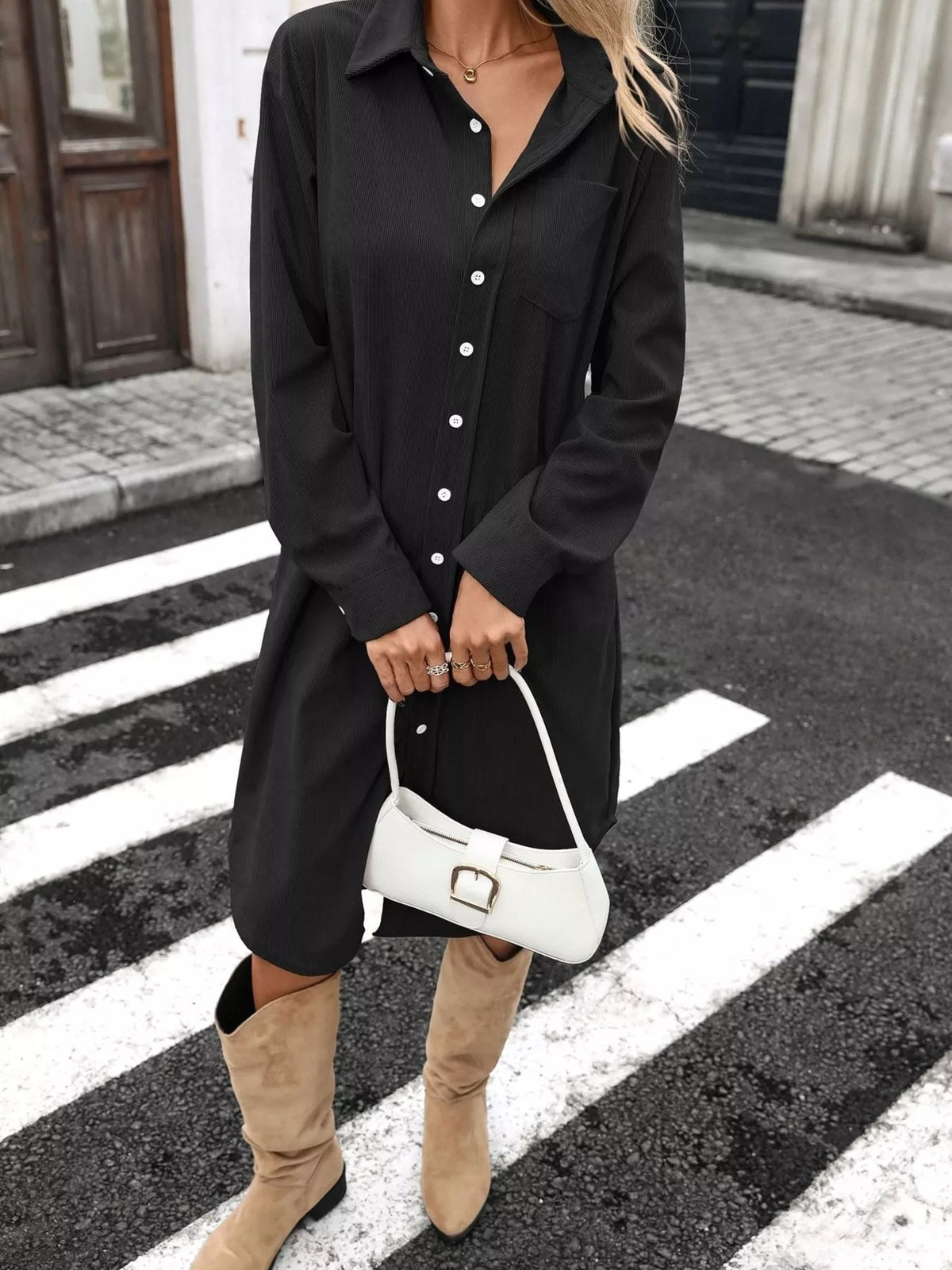 Trendsi Corduroy Shirt Dress with Button-Down Front -