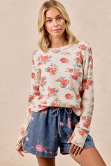 Trendsi BiBi Floral Print Washed Waffle Thermal Top With Thumb -