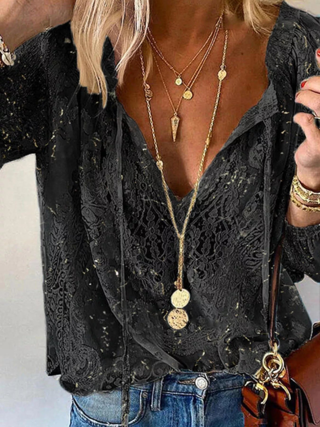 Trendsi Lace Tie Neck Long Sleeve Blouse -