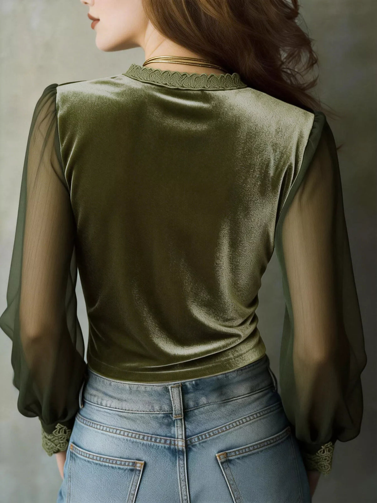 Dark green lace-trim blouse, back view