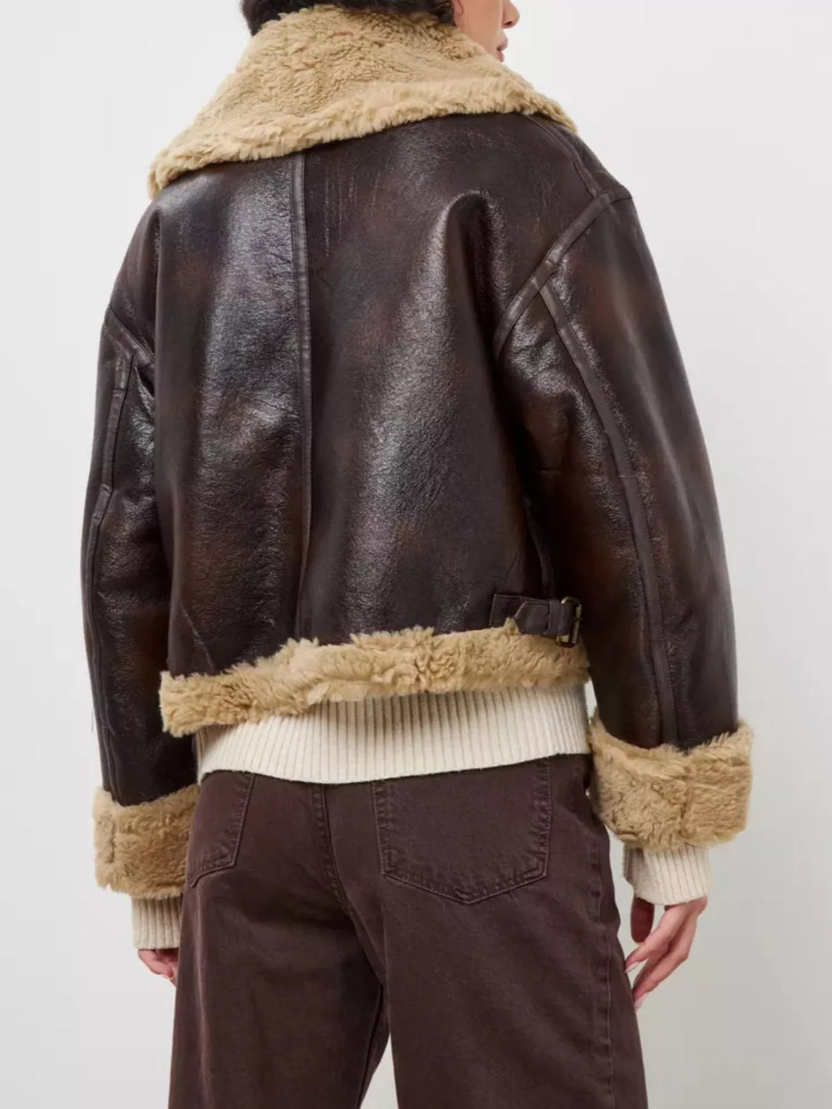 Faux Leather Aviator Jacket with Plush Trim, back view