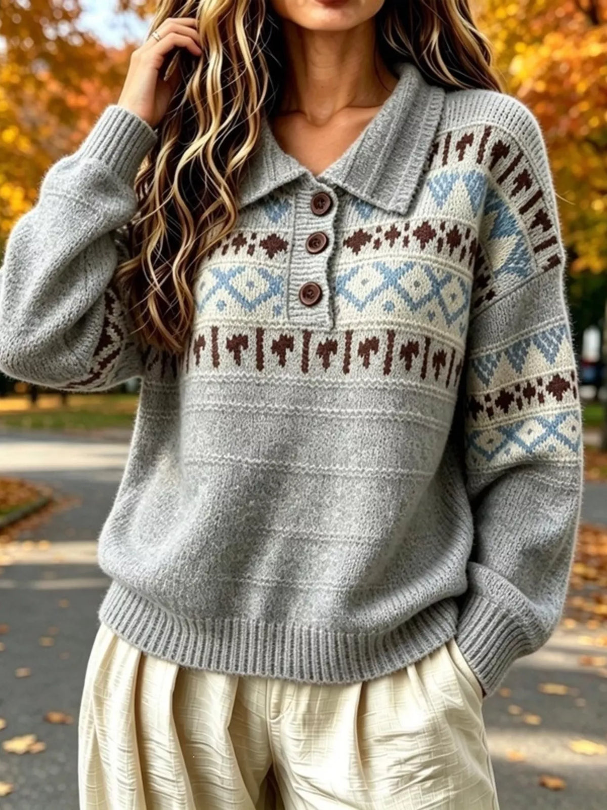 Gray fair isle pattern polo collar sweater