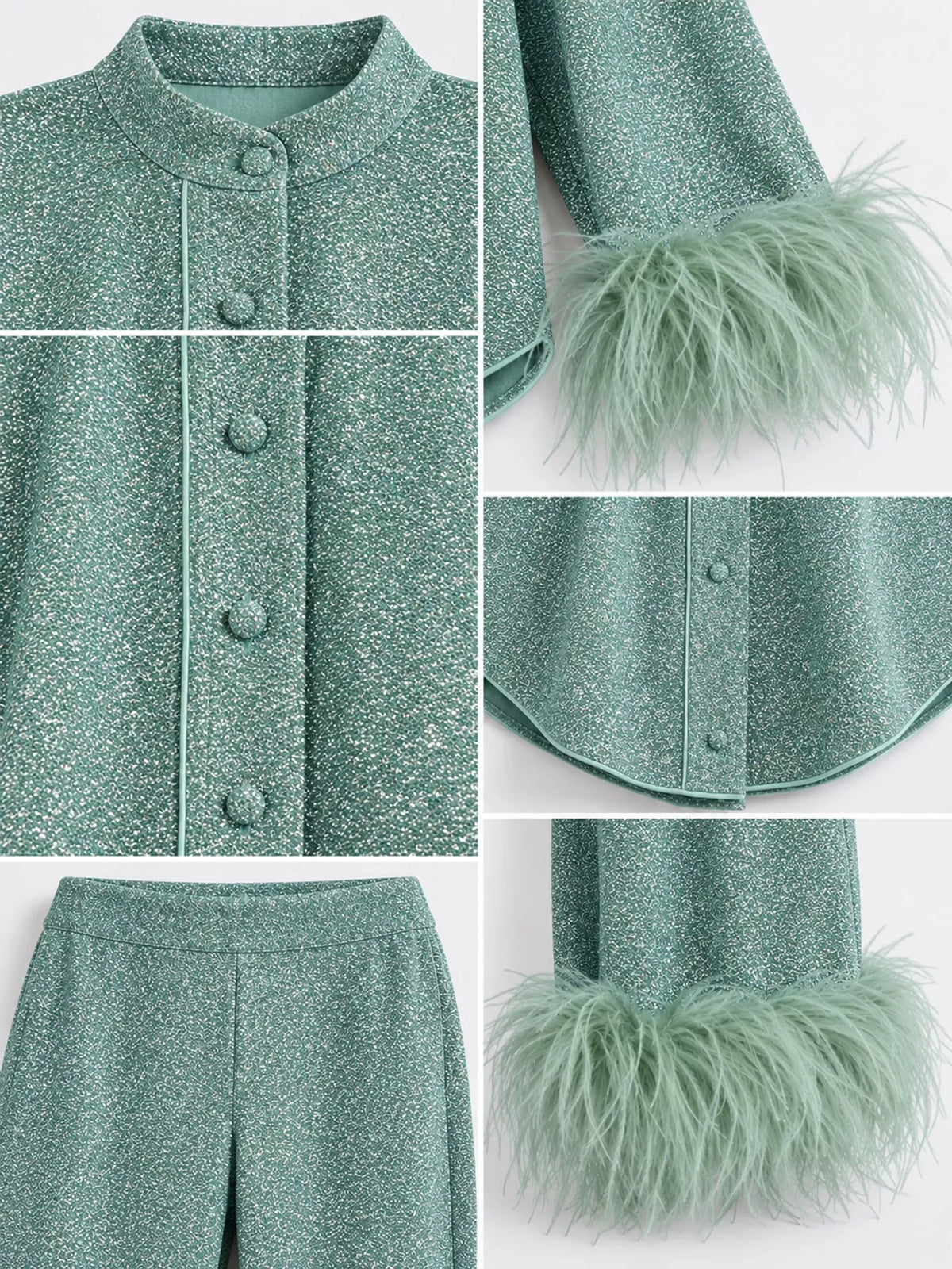 Teal feather-trimmed top and wide-leg pants set — design and construction details