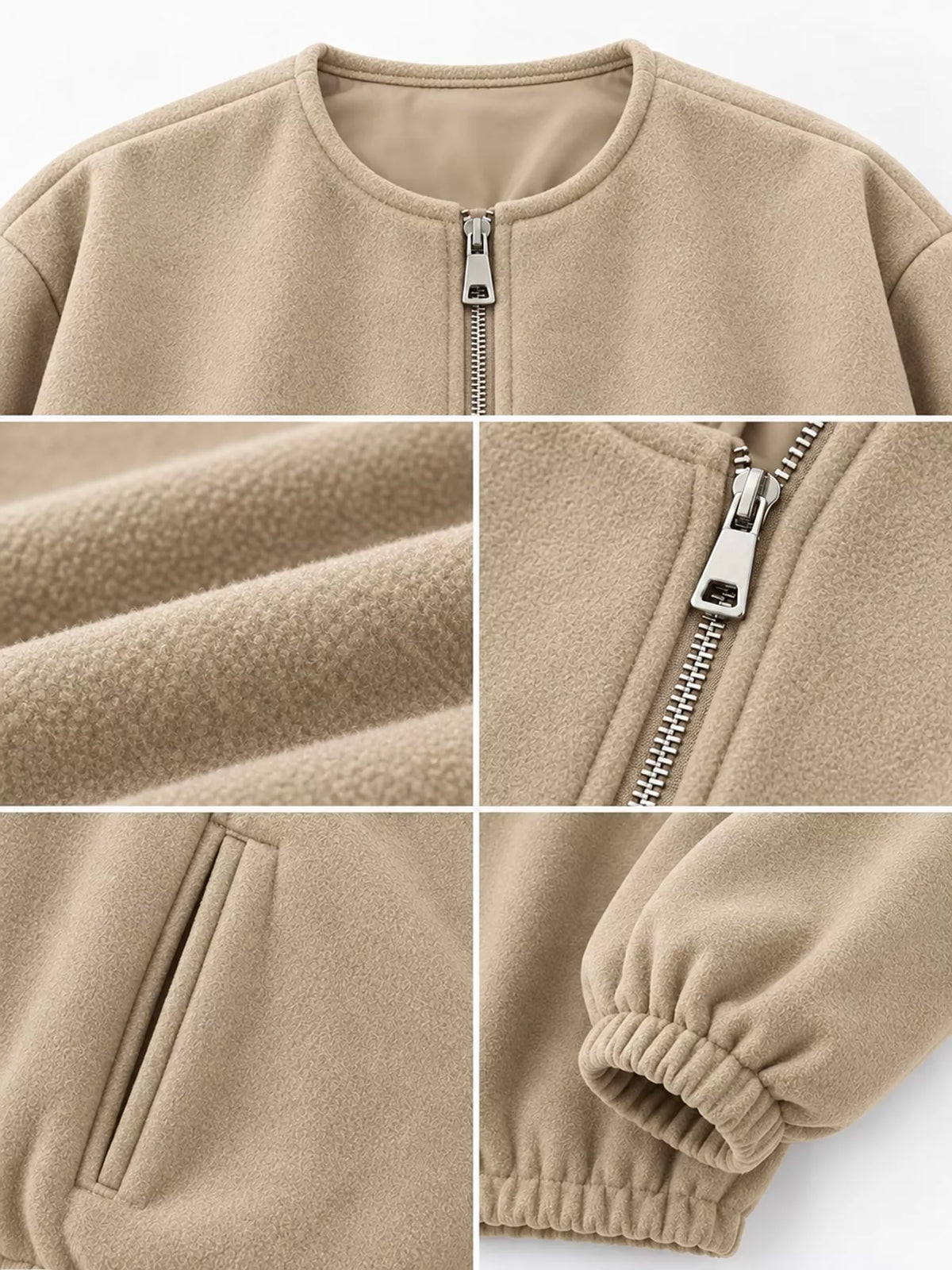 Cropped Round-Neck Zip-Up Jacket — garment construction details