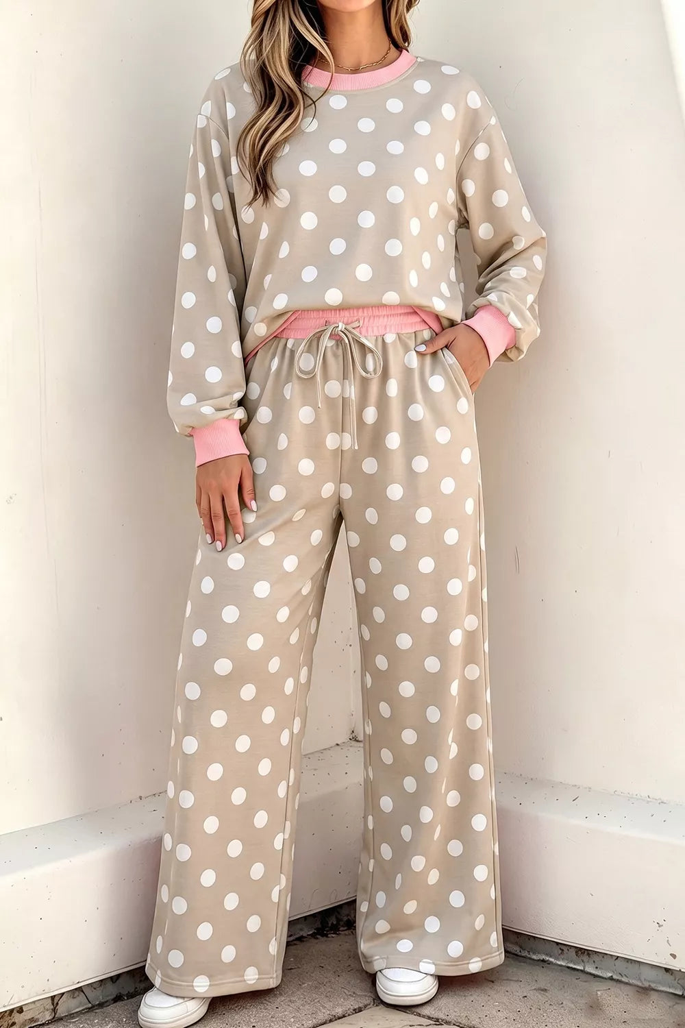 Trendsi Polka Dot Contrast Trim Long Sleeve Top Drawstring Shift Pants Set -