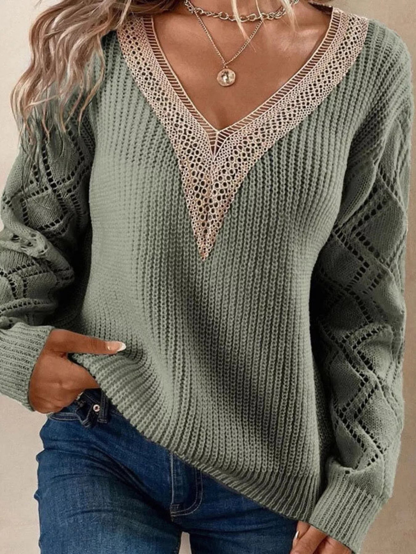 Trendsi Openwork V-Neck Sweater -