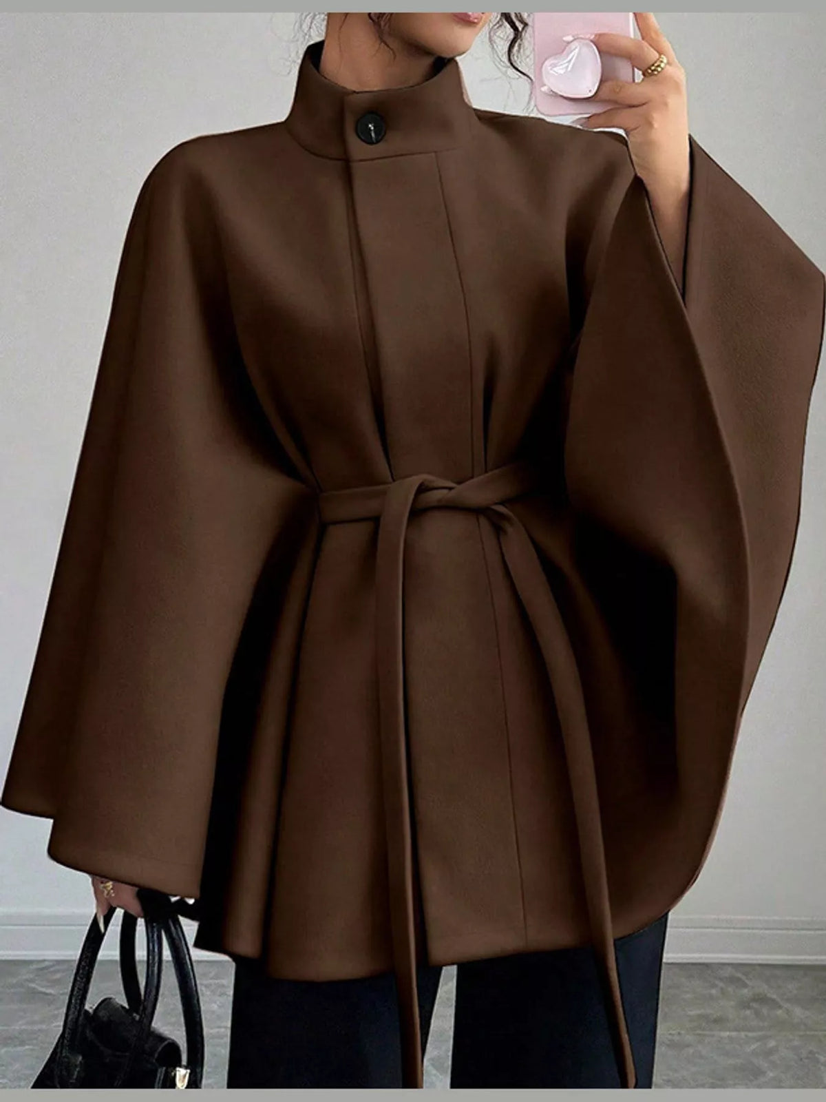 Brown tie-waist cape — front view