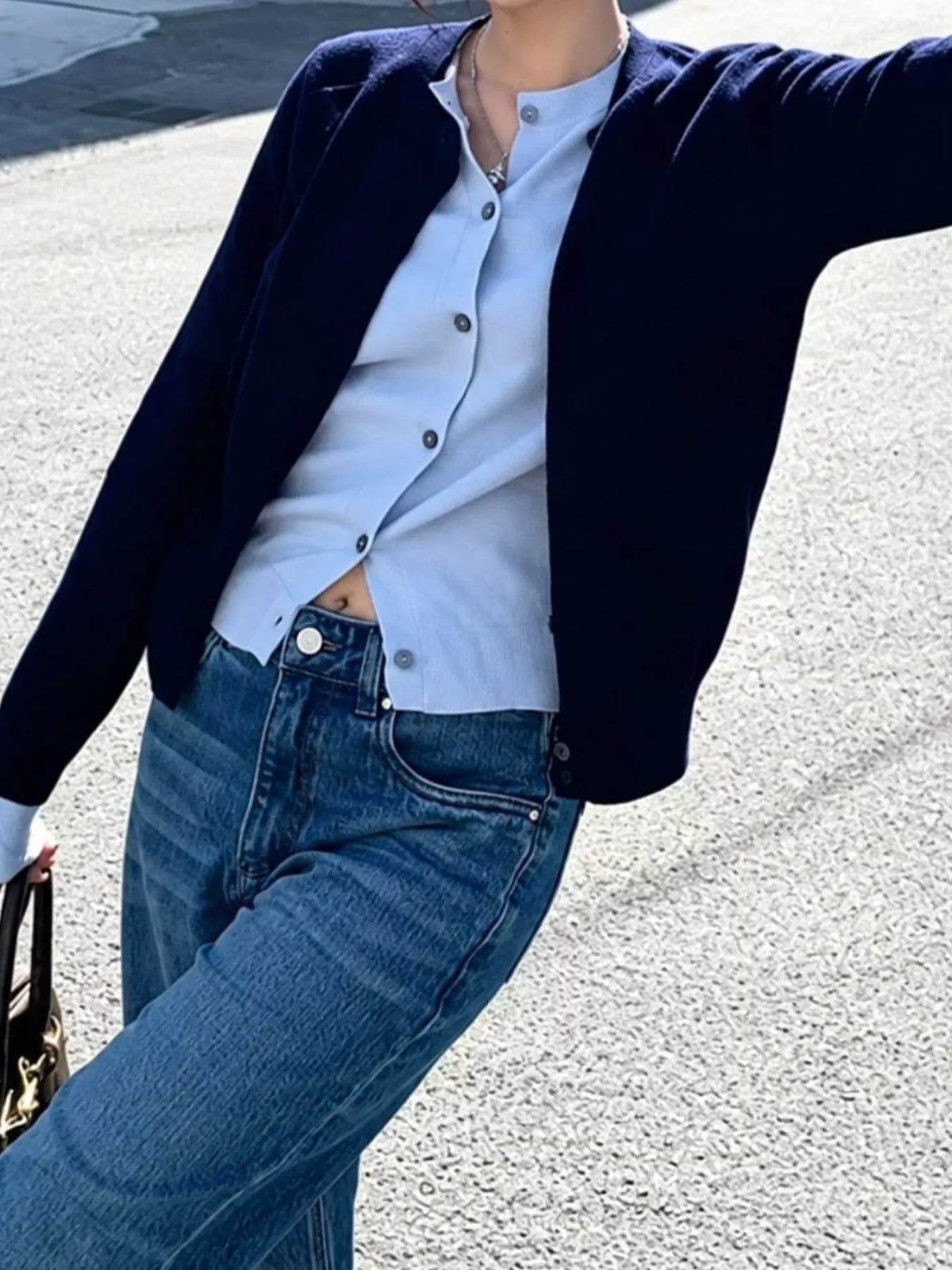 Button-Down Knit Cardigan, detail view in navy blue