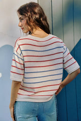 Trendsi SO ME Usa Stripe Knit Short Sleeves Sweater Top -