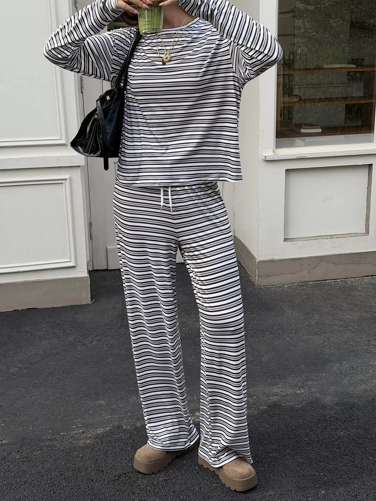 Trendsi Striped Casual Long Sleeve Top and Wide Leg Pants Set -