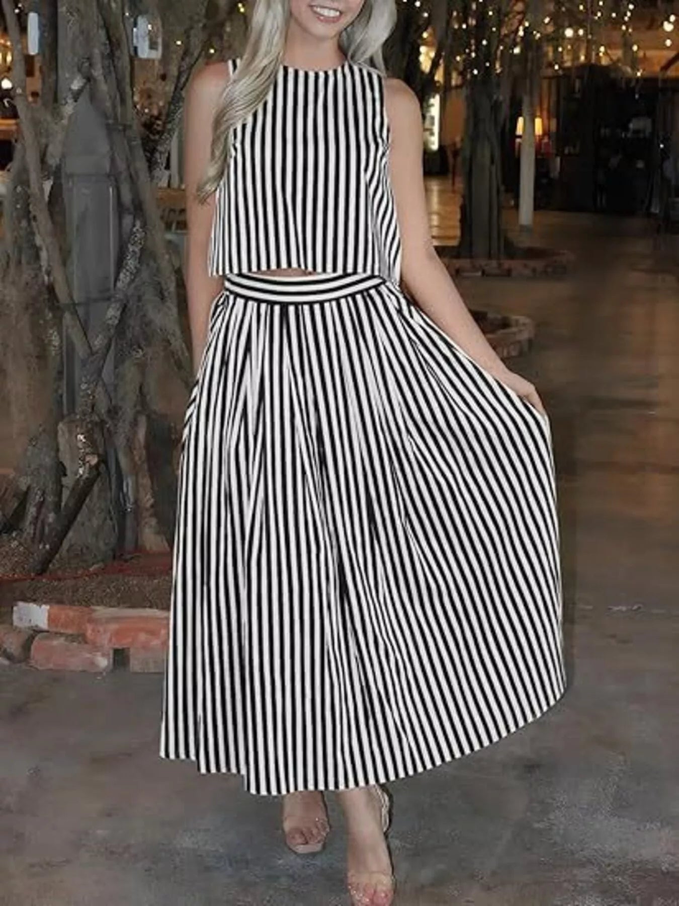 Trendsi Striped Sleeveless Top and Midi Skirt Two-Piece Set -