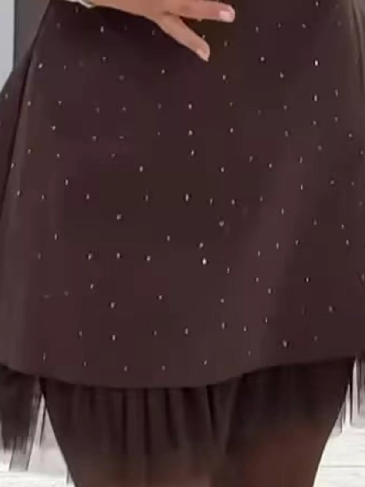 Brown rhinestone a line mini dress with tulle hem, detail view