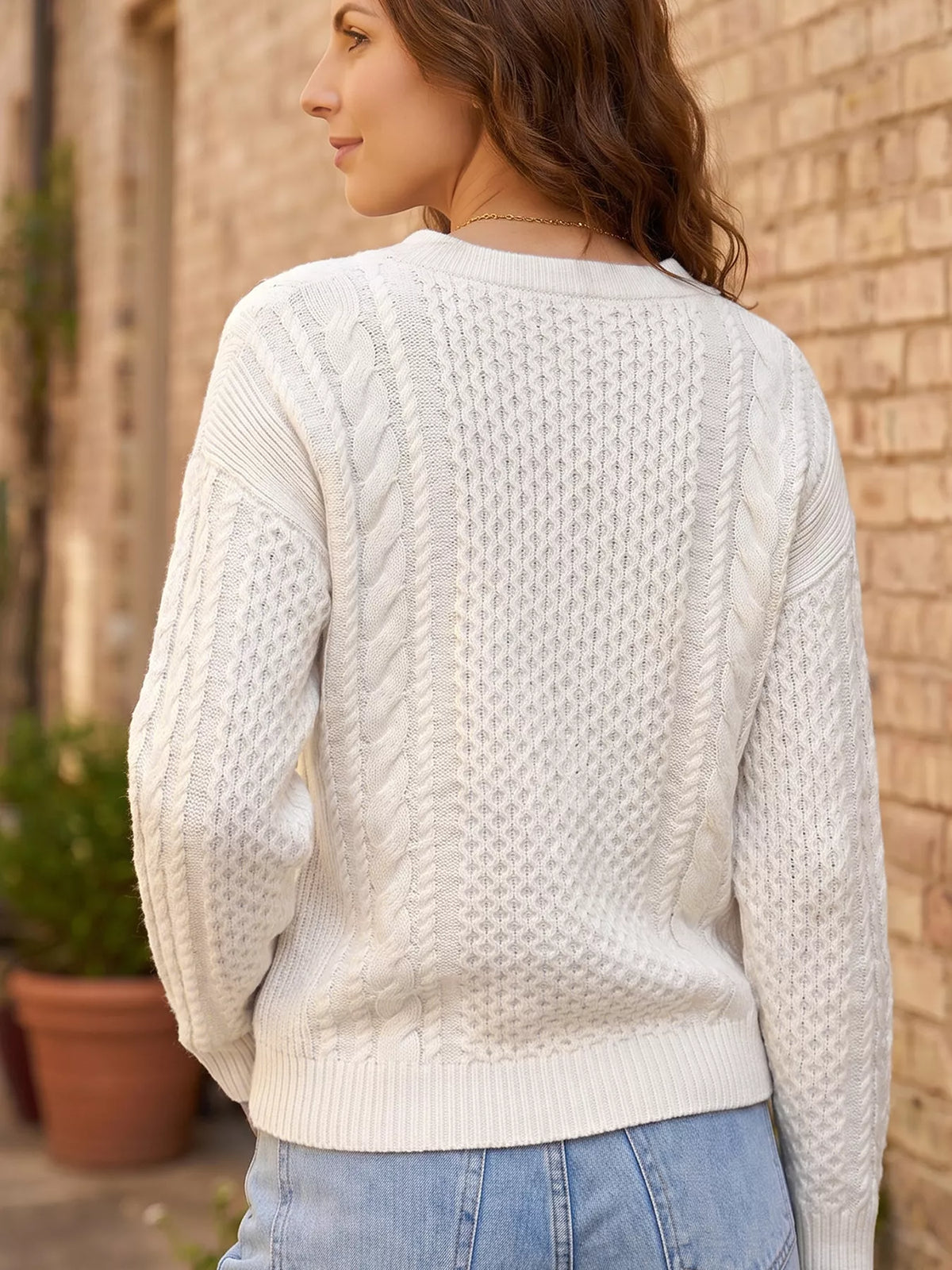 Cable Round Neck Sweater in white, back view