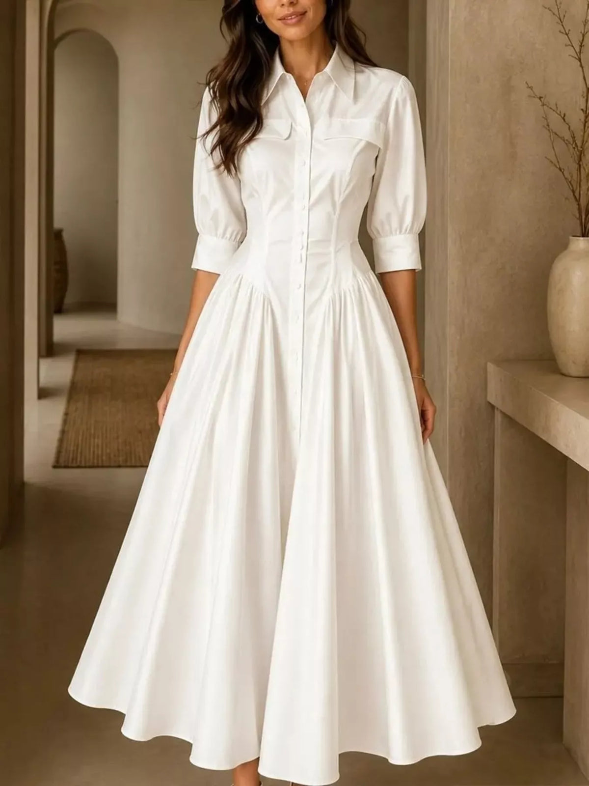 Button-Down Shirt Dress with Cinched Waist, front view