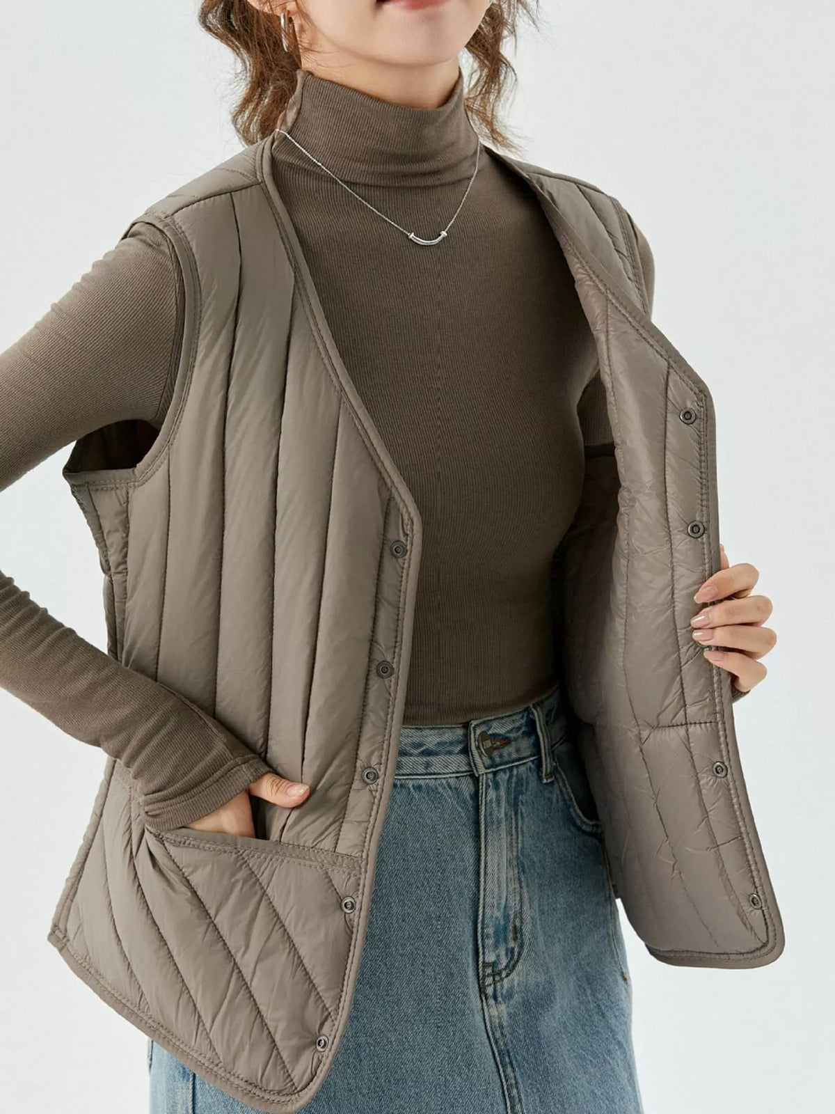 Quilted Button Up Vest in khaki, front view