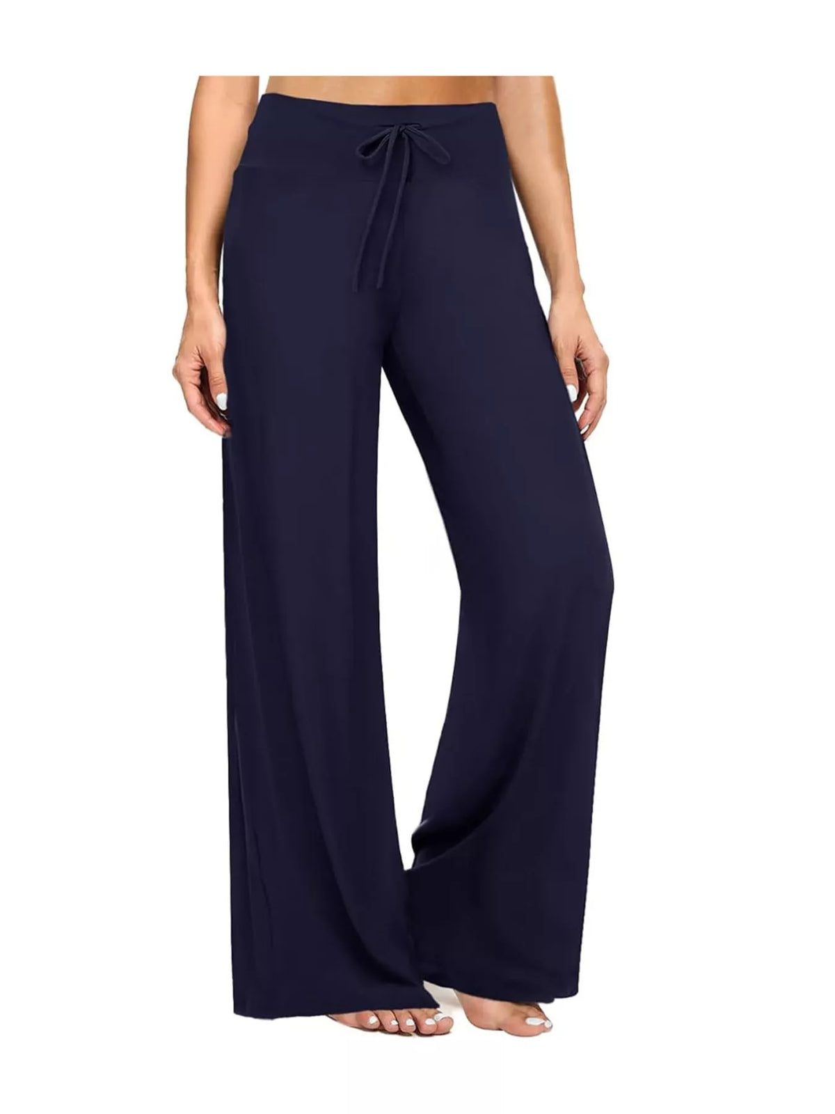 Navy drawstring wide-leg pants — front view