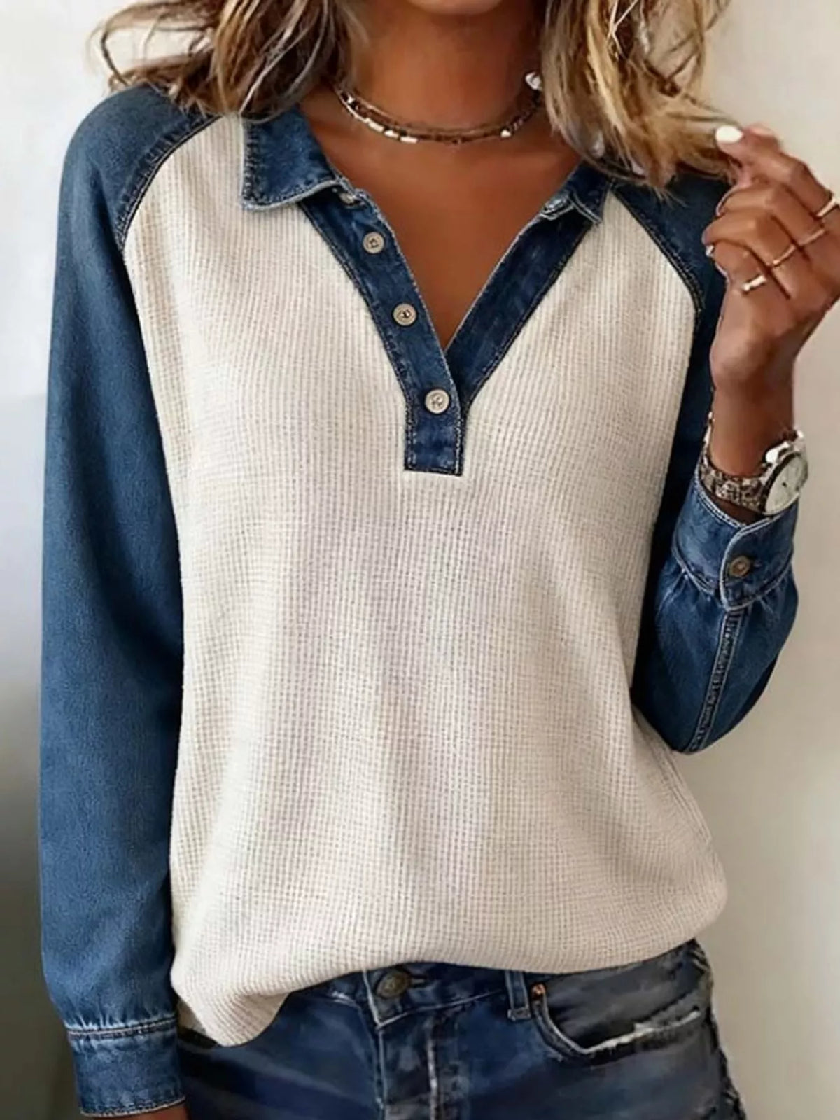 Waffle and denim blouse, blue and white front