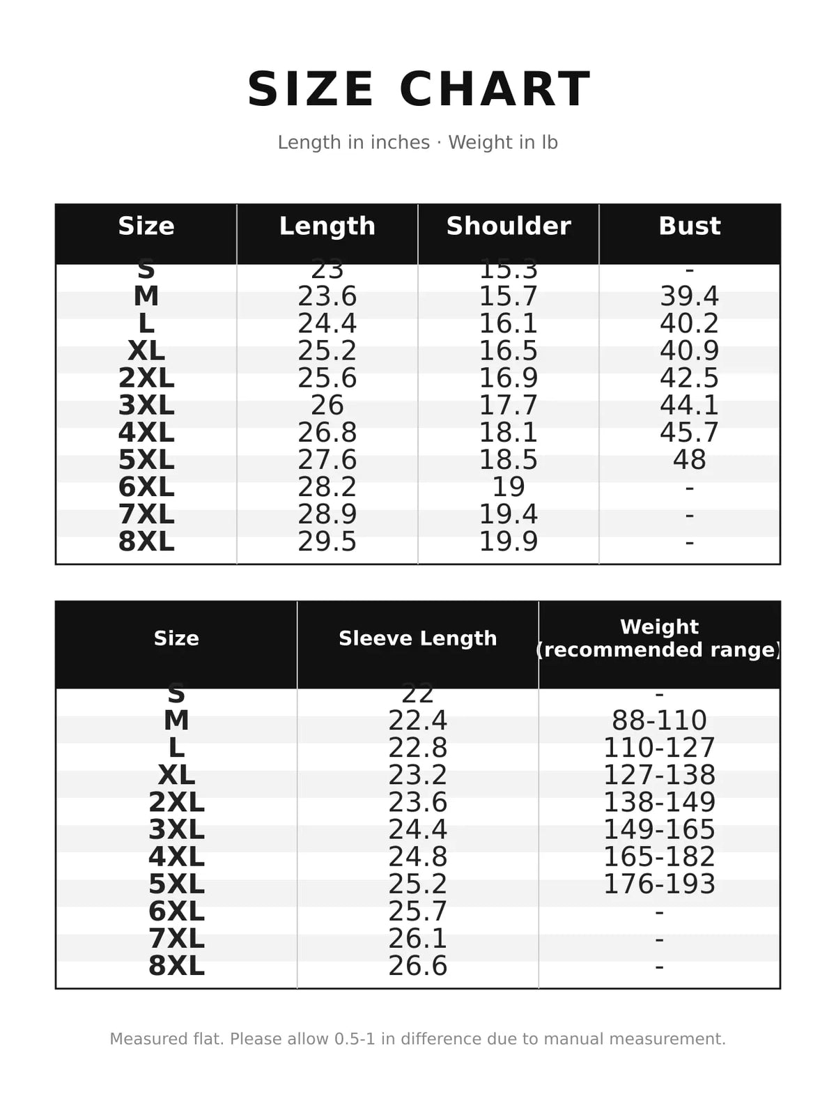 Size chart for fleece-lined thermal zip-up hoodie