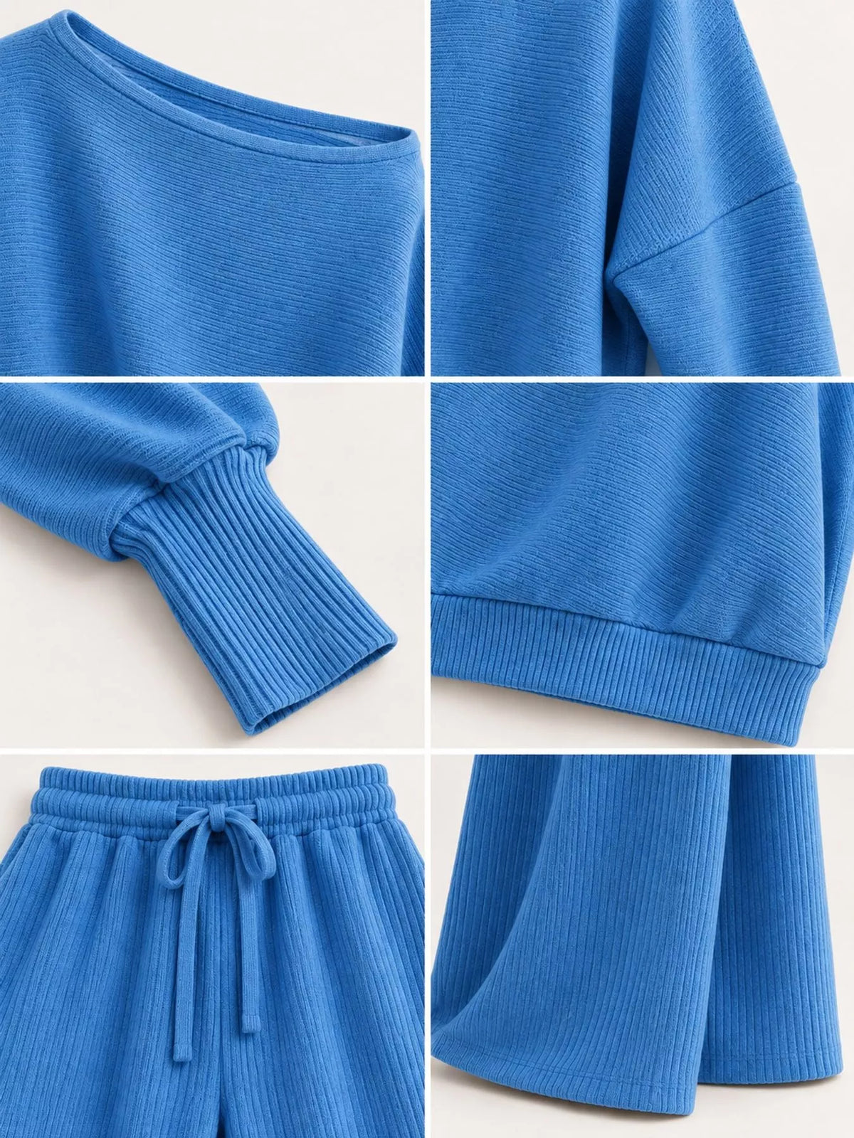 Asymmetric neck long sleeve outfit set, construction and design details