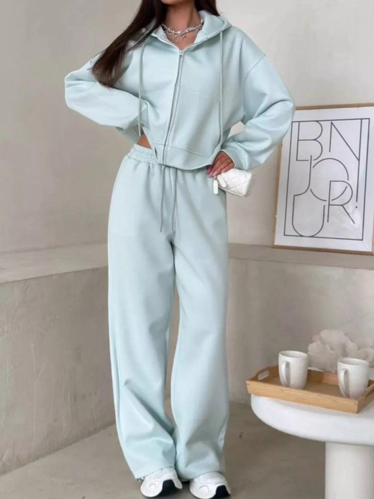Trendsi Zip-Up Hoodie and Wide-Leg Pants Set -