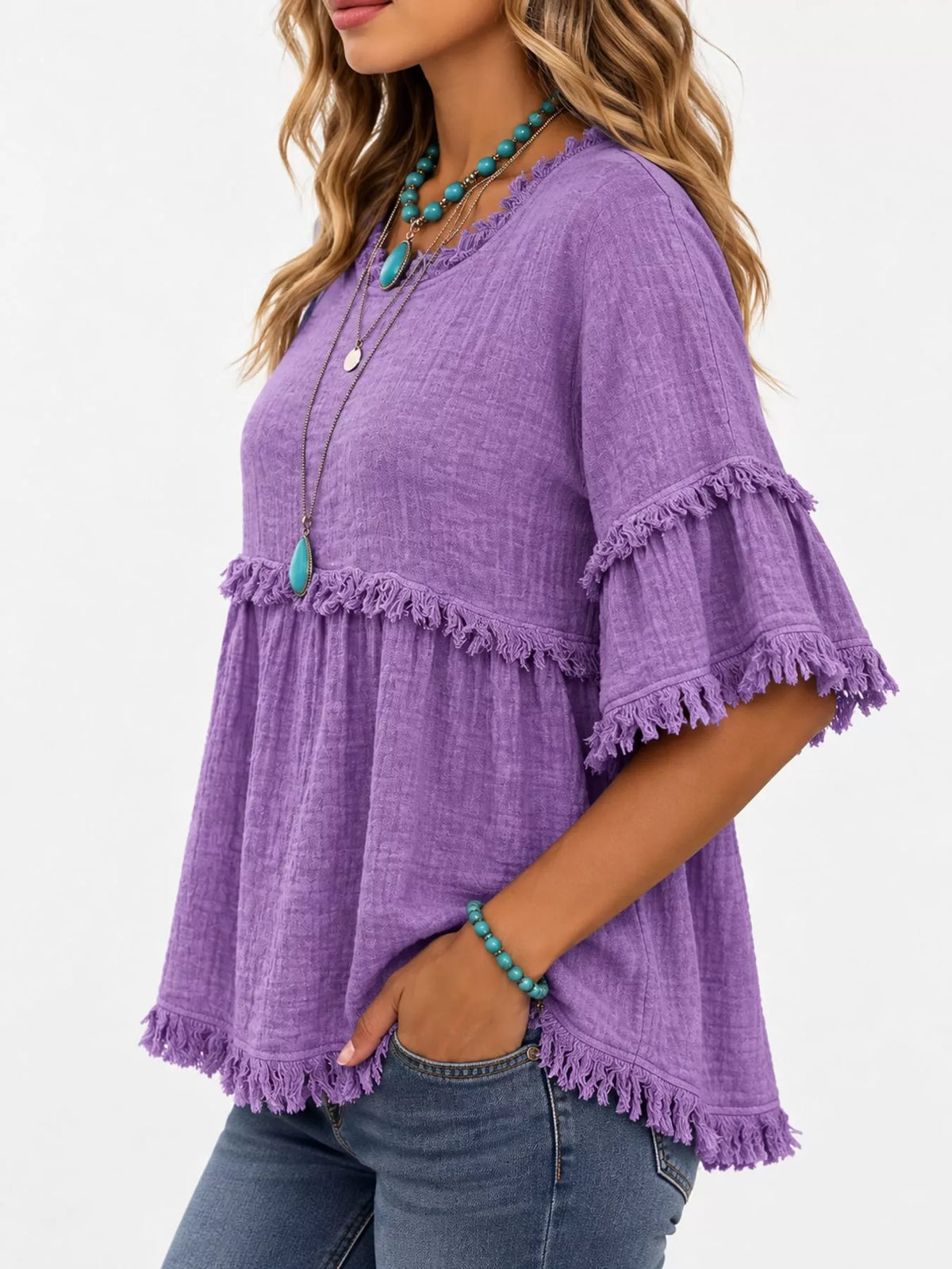 Purple frayed edge textured blouse, side view