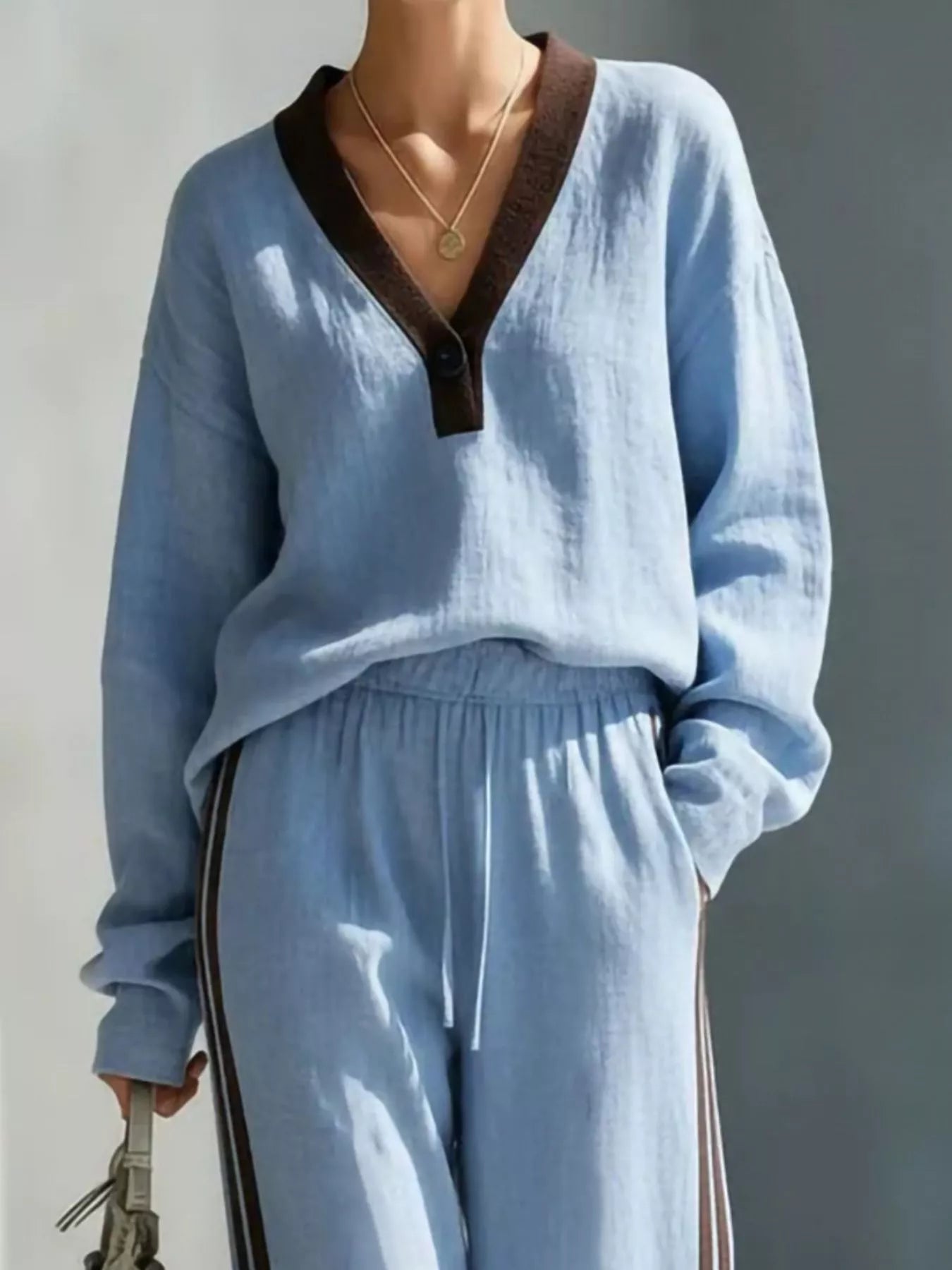 Trendsi Contrast V-Neck Top and Striped Pants Set -