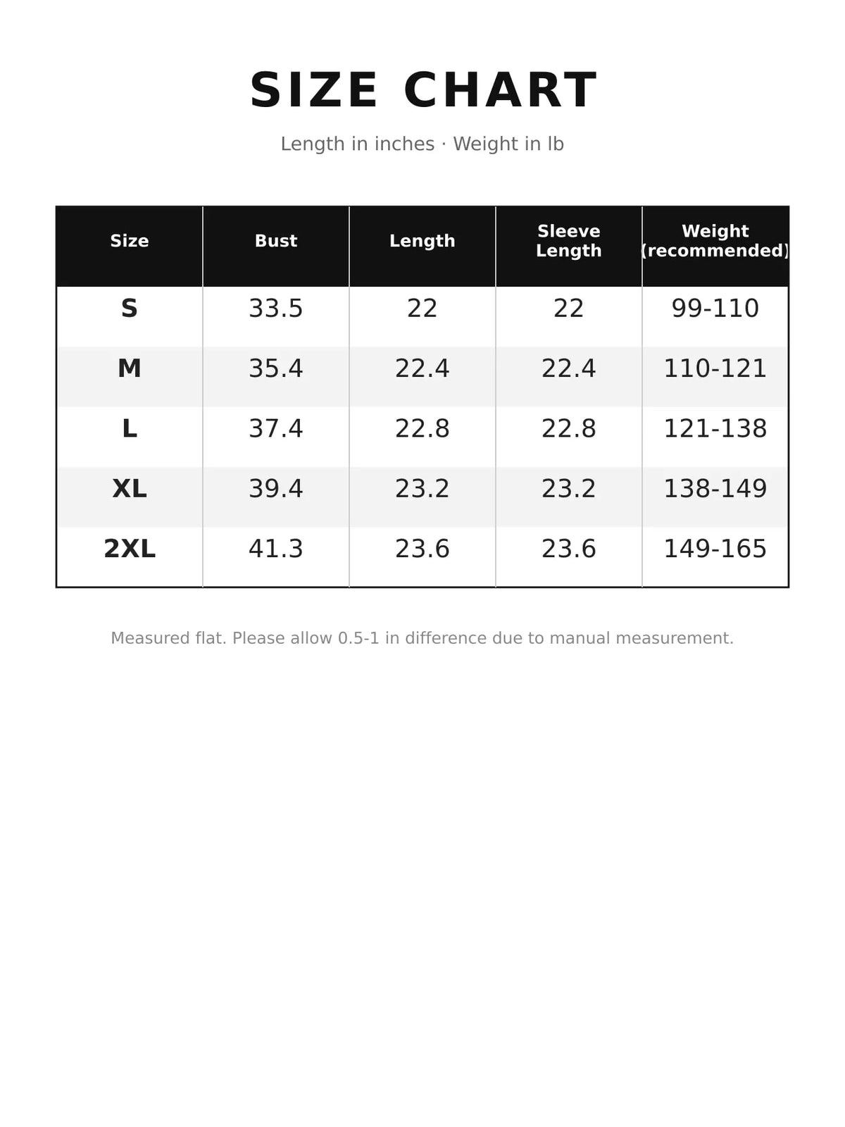 Crew Neck Long Sleeve Sweater — size and measurement chart