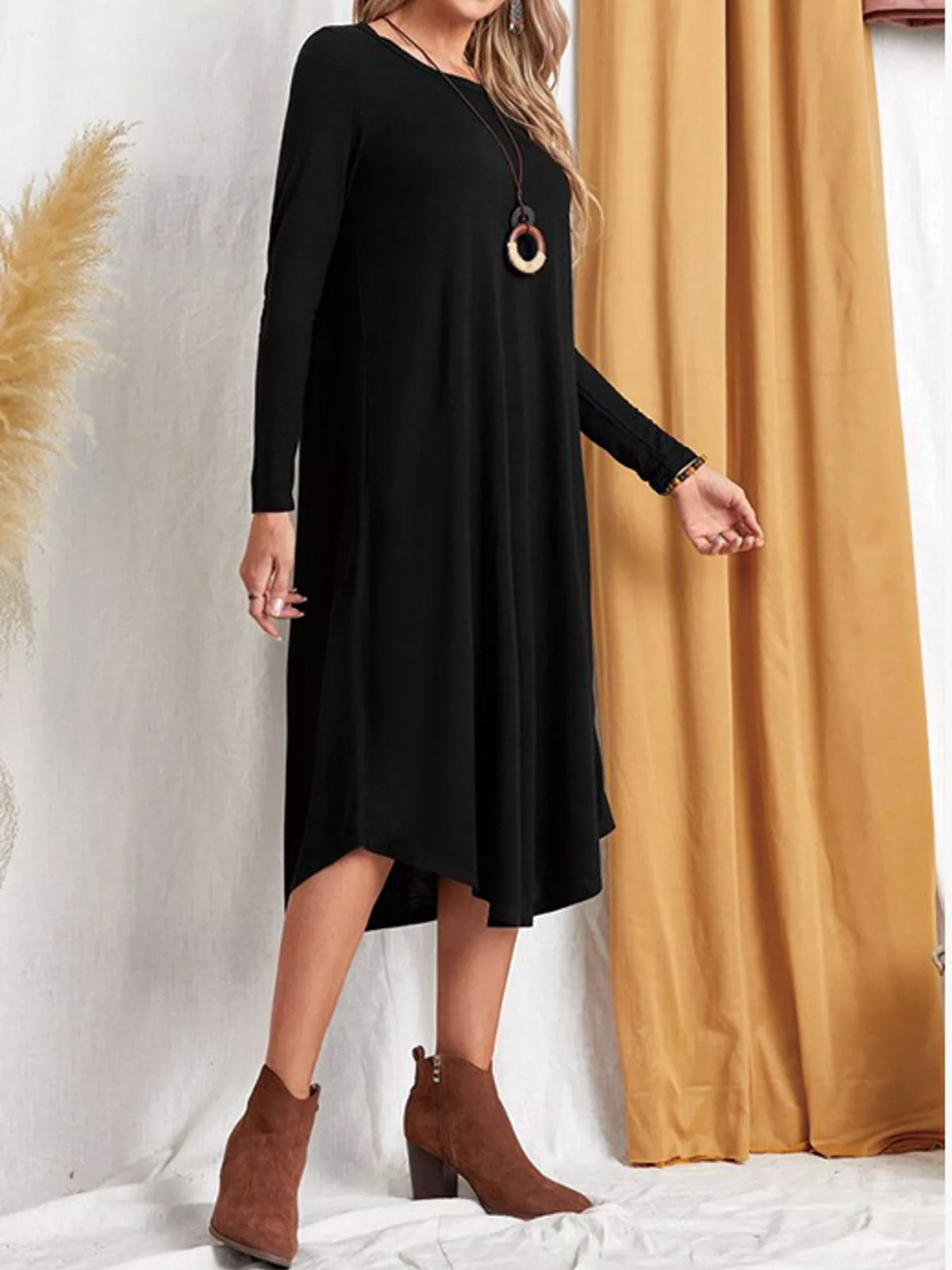 Round neck long sleeve midi dress, side view