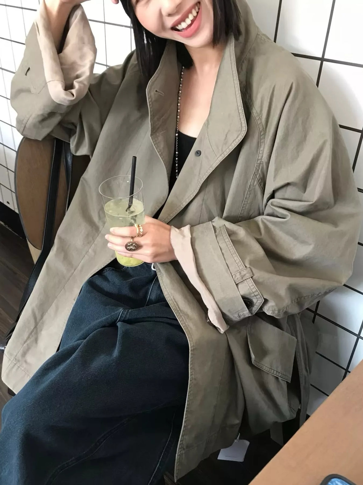Vintage Style Stand-Collar Belted Utility Jacket in khaki