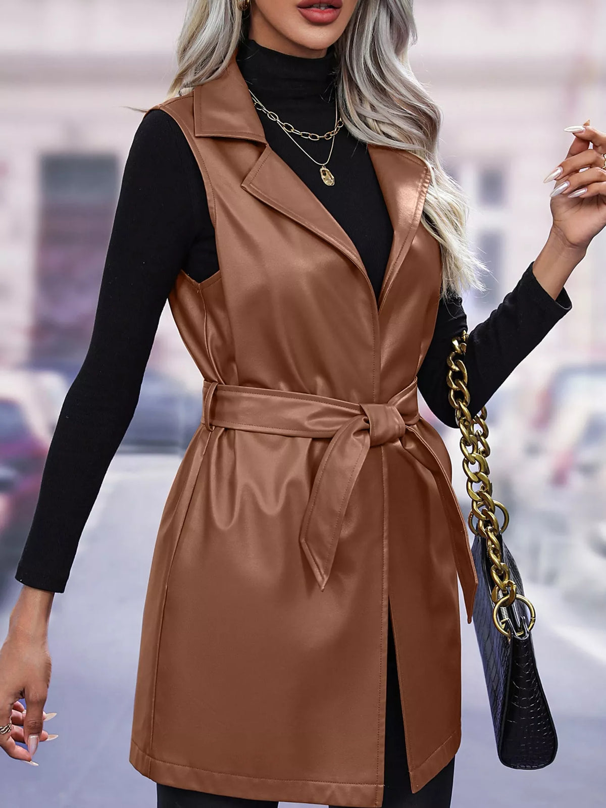 Tie Waist Longline Vest in brown, front view