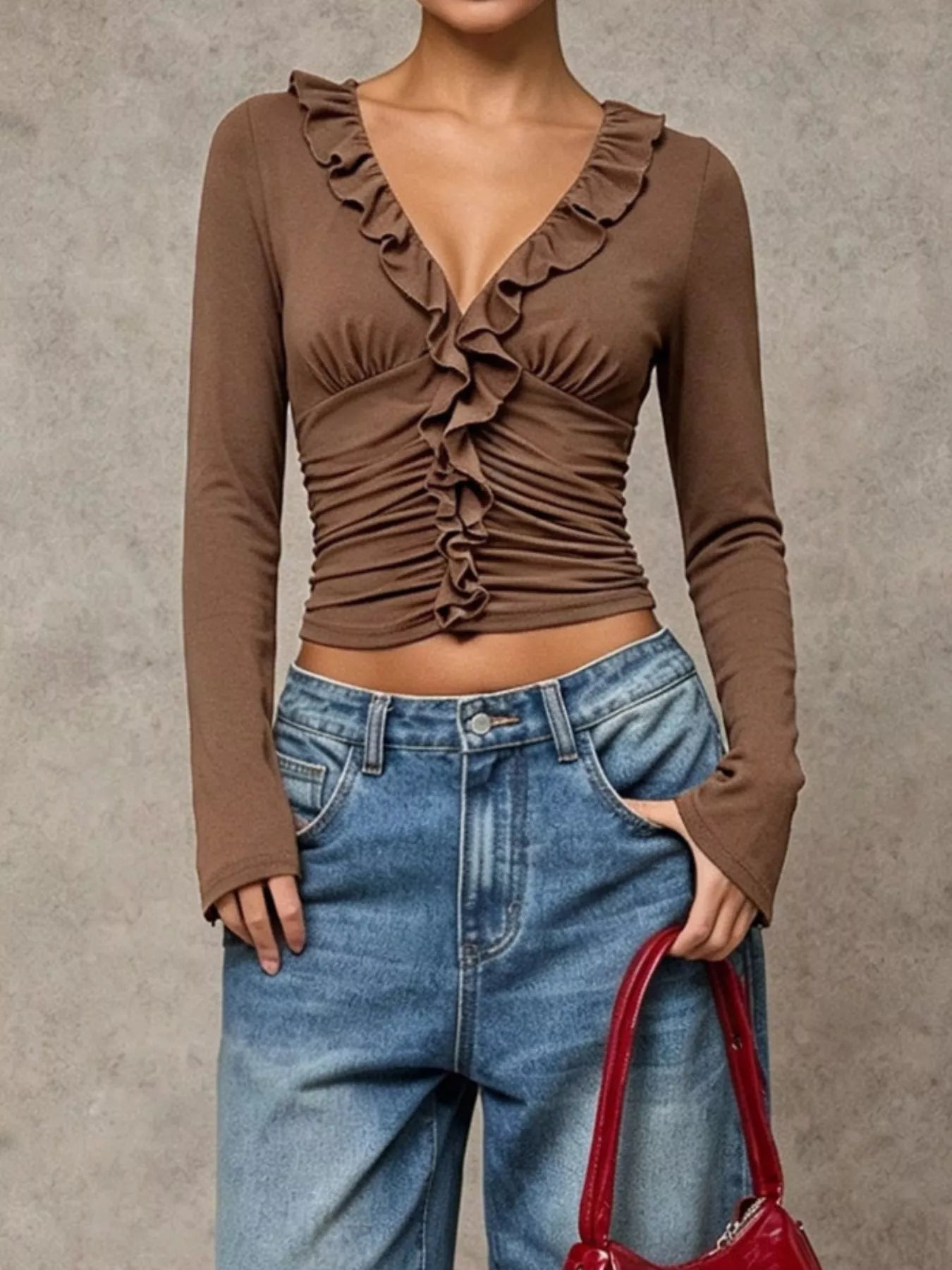 V-neck ruffle-trim ruched long sleeve top