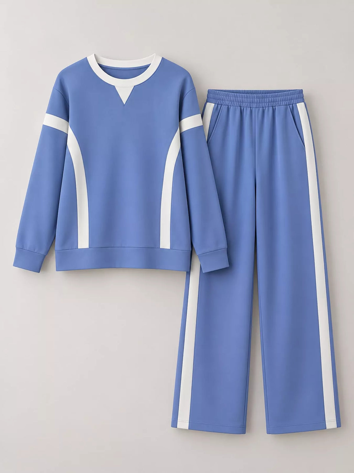 Contrast Striped Crew Neck Top and Pants Set in blue and white