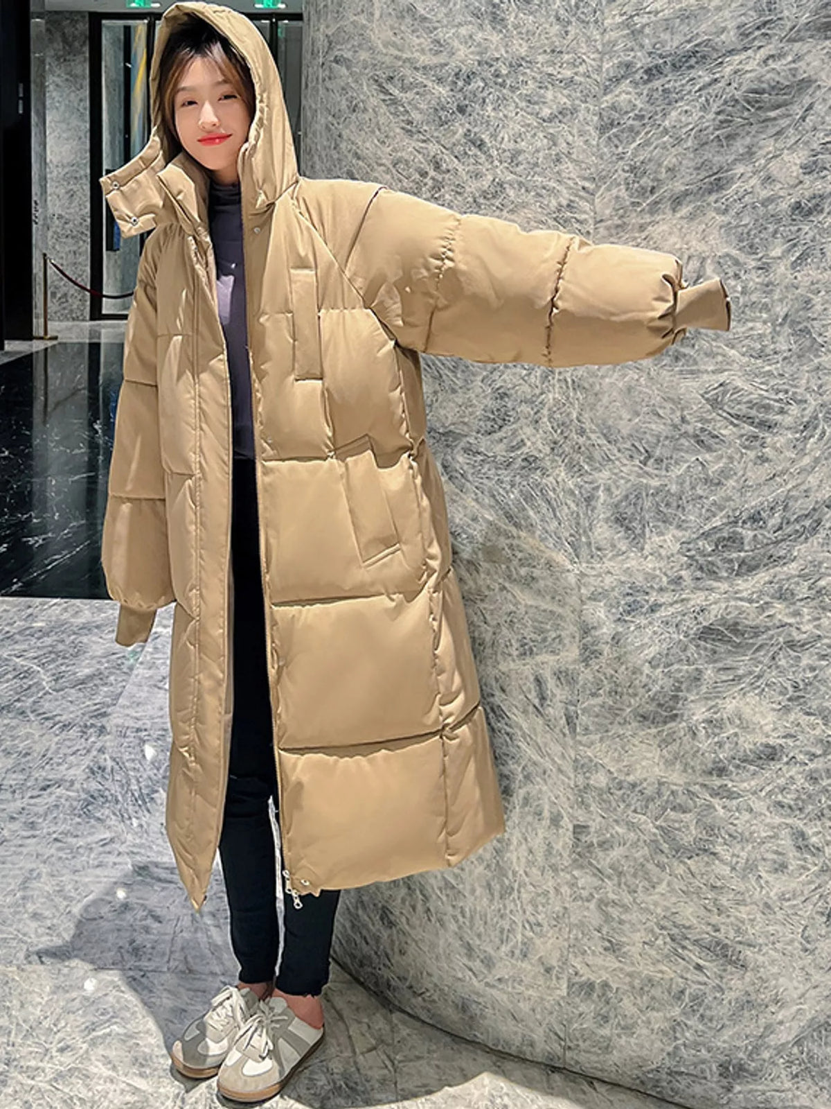 Longline puffer coat, tan full front