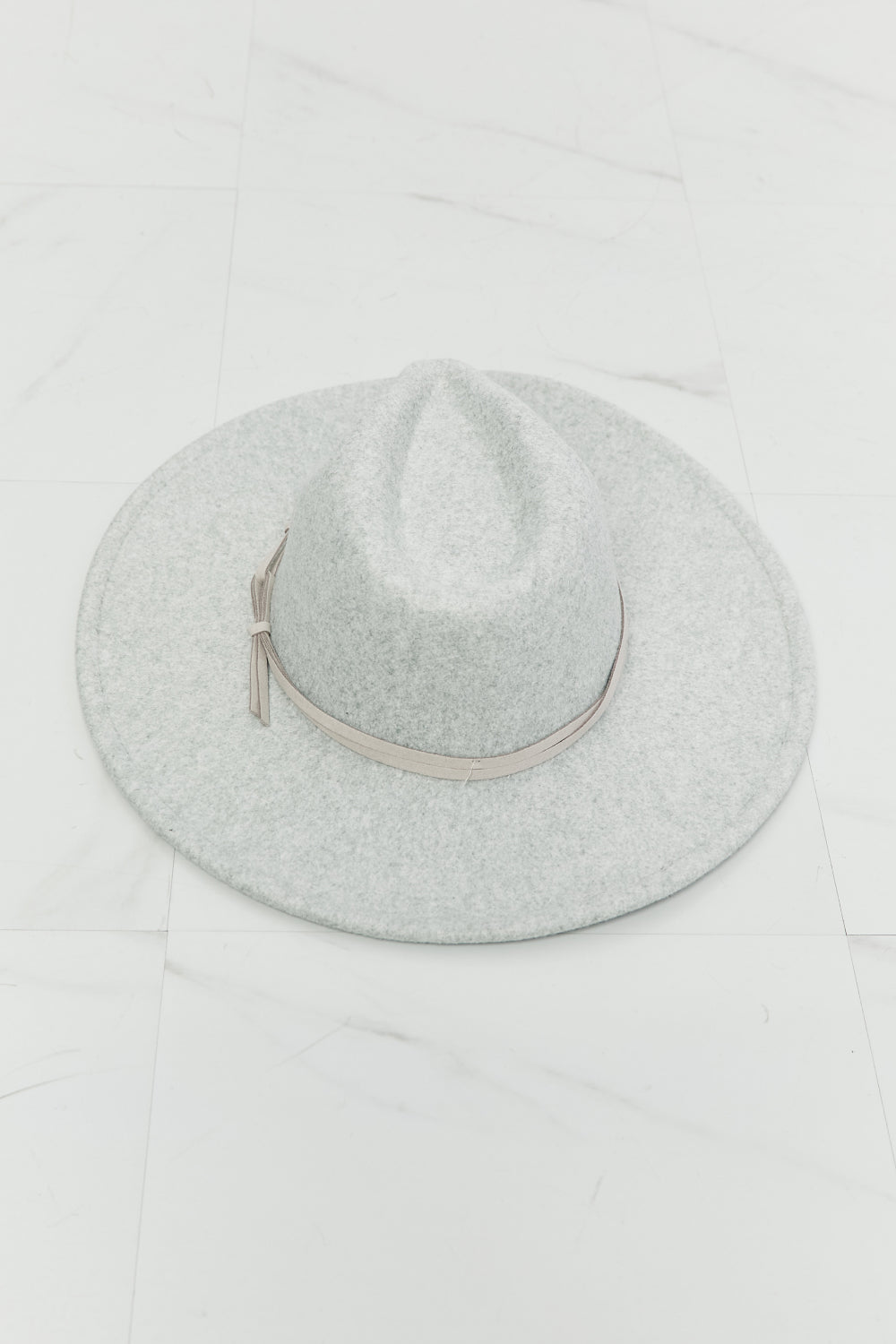 Unisex Light Gray Fedora Hat With Faux Leather Knot Detail — product view 4