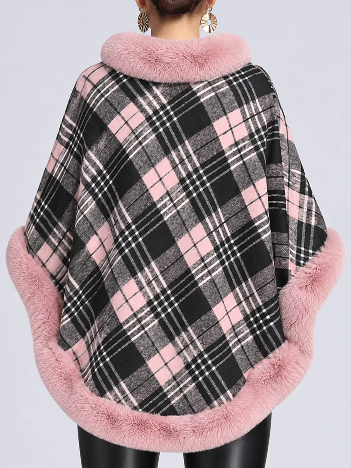 Pink-Plaid plaid faux fur trimmed poncho cape, back view