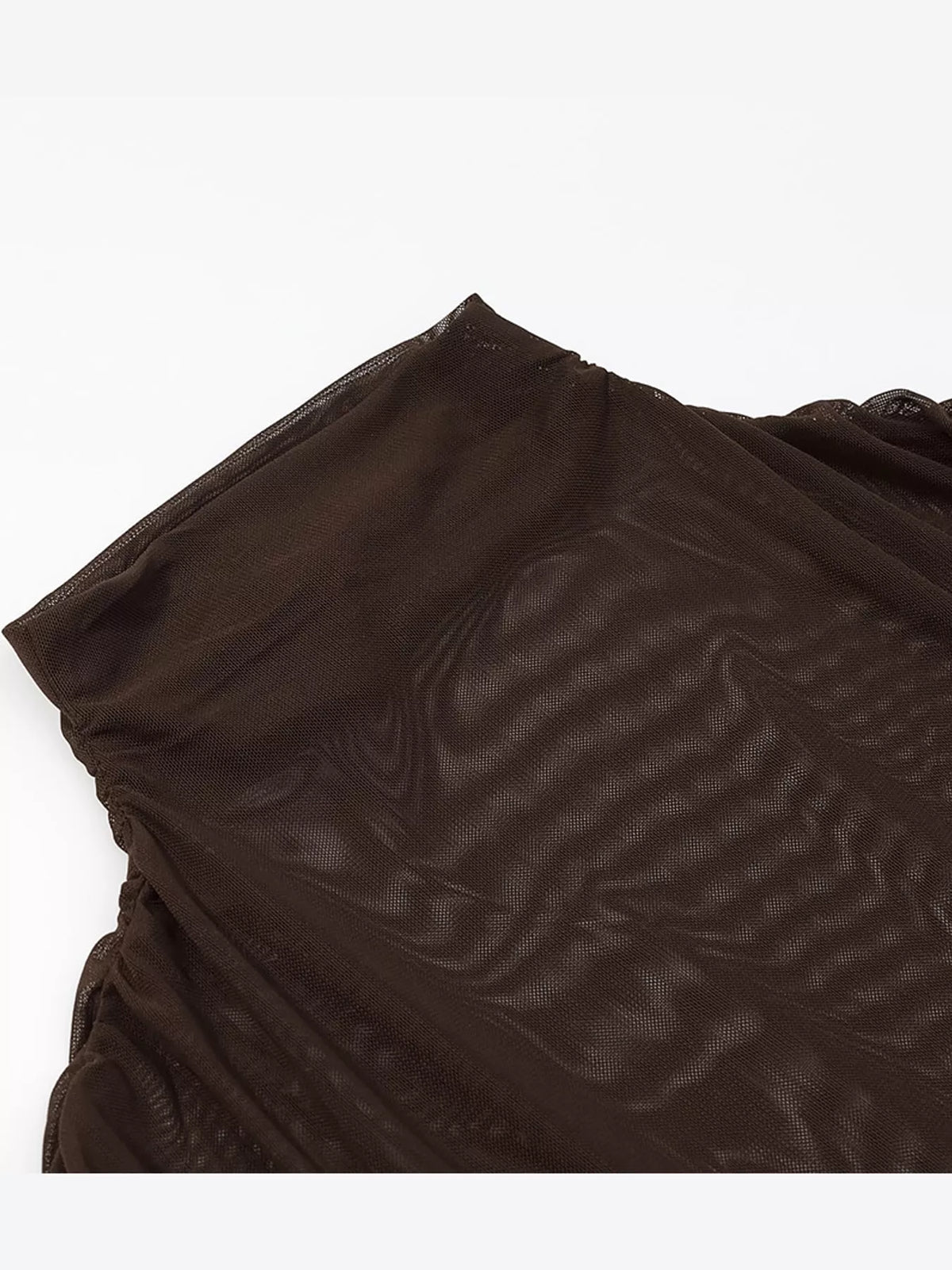 Brown mock neck ruched maxi dress, detail view