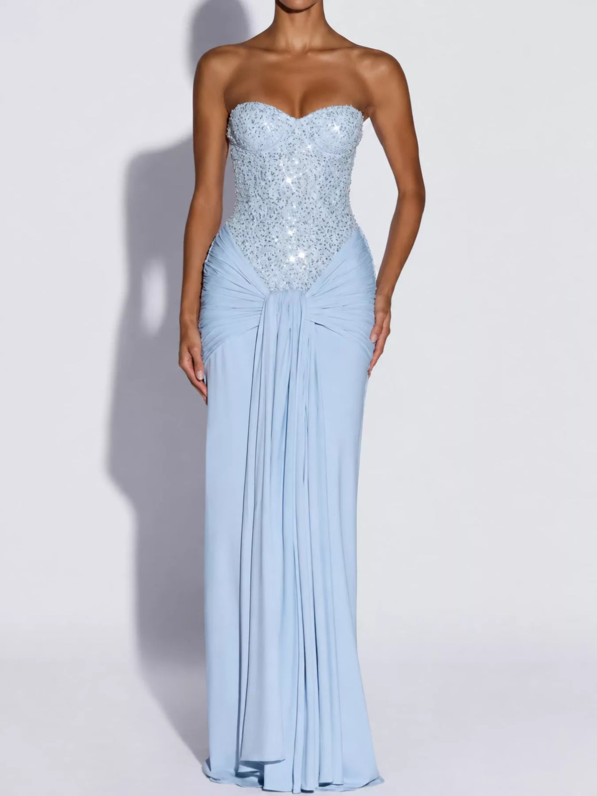 Strapless Sequin Corset Maxi Dress, front view