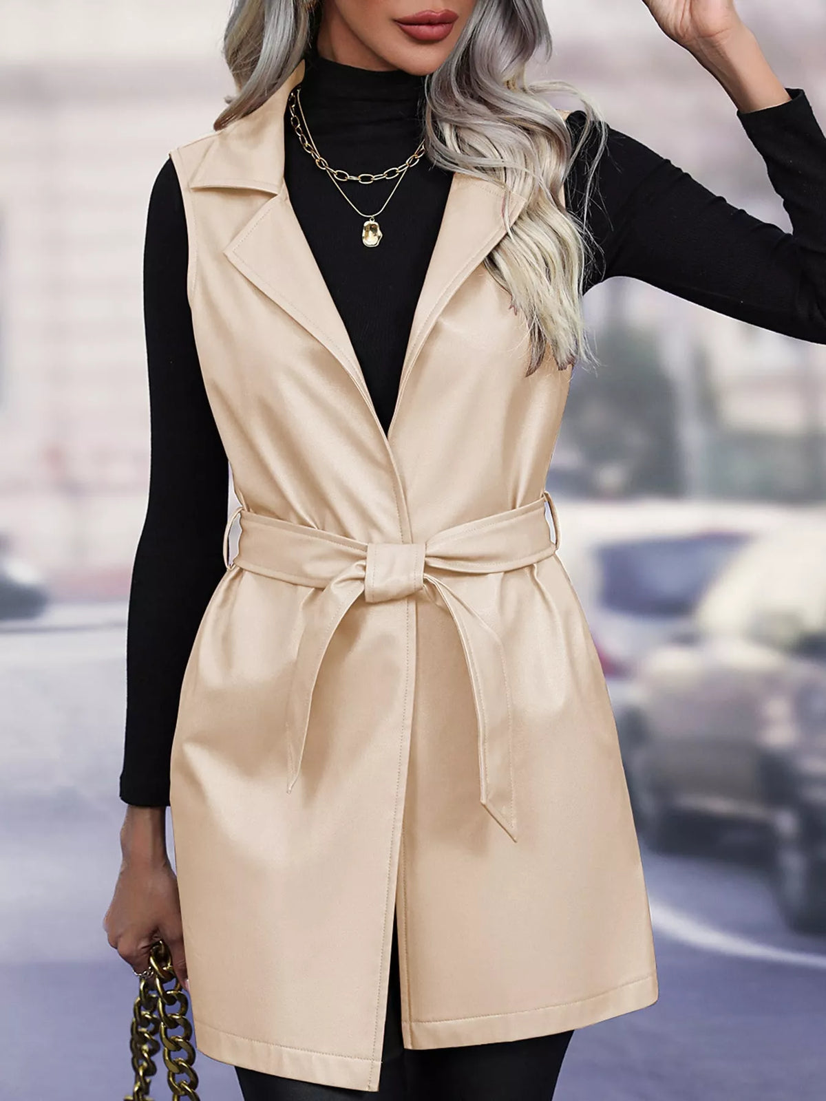 Tie Waist Longline Vest in beige, front view