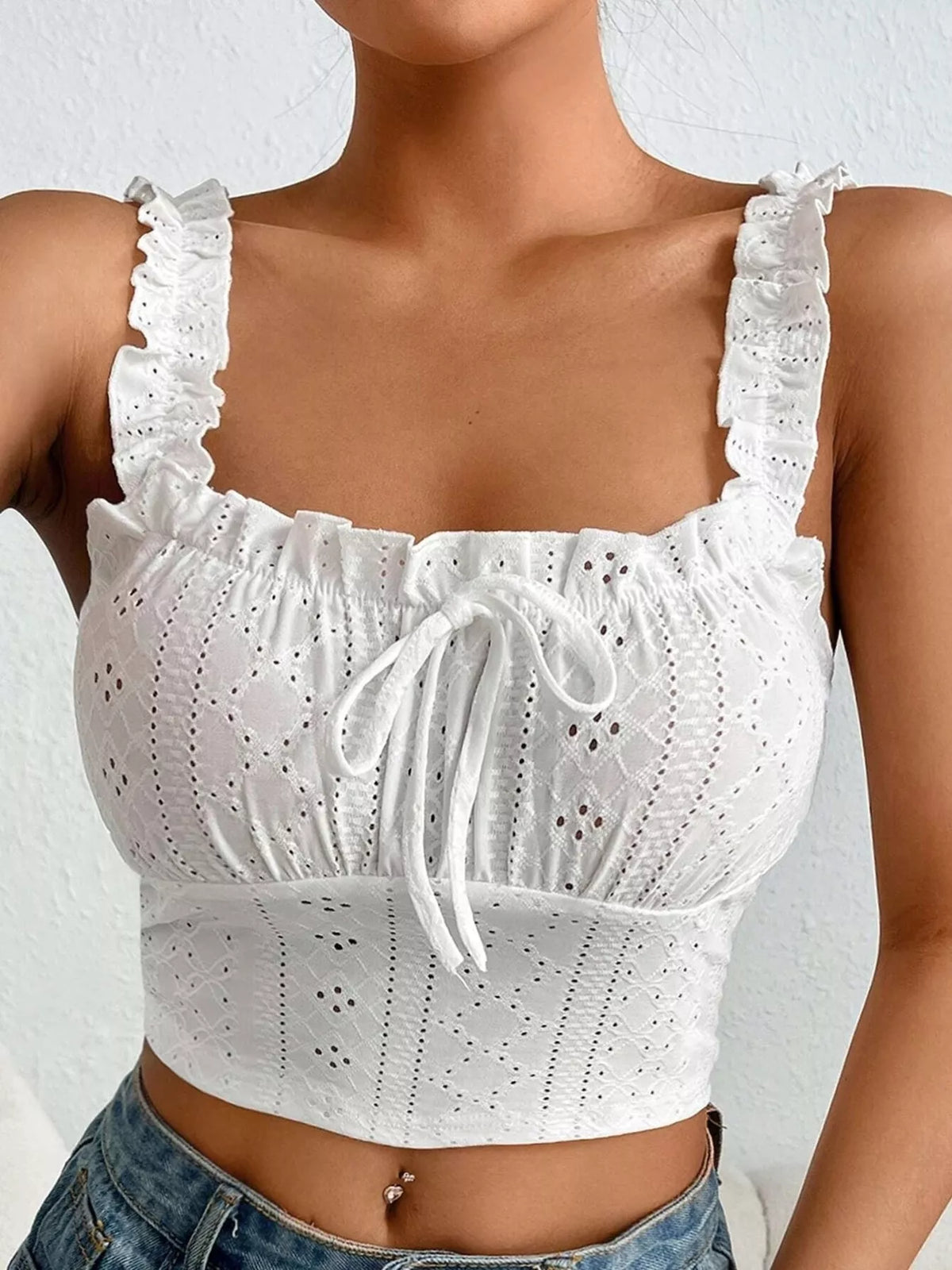Eyelet tie-front tank, white eyelet detail