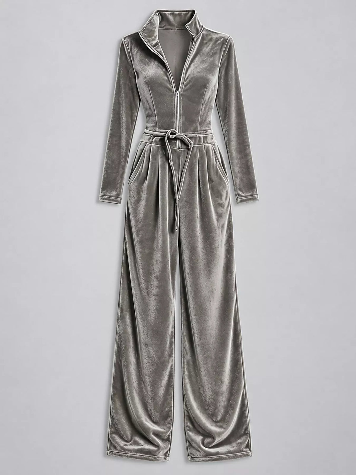 Gray velvet zip up jumpsuit with tie waist, front view