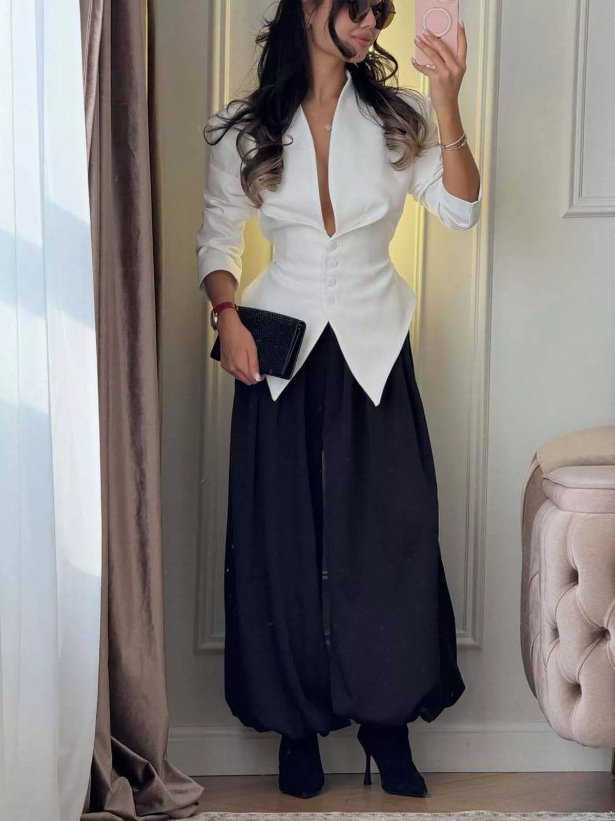 V-neck long sleeve blazer, front view on model
