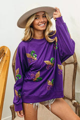 Trendsi BiBi Fleur De Lis Sequin Patches Mardi Gras Sweatshirt -