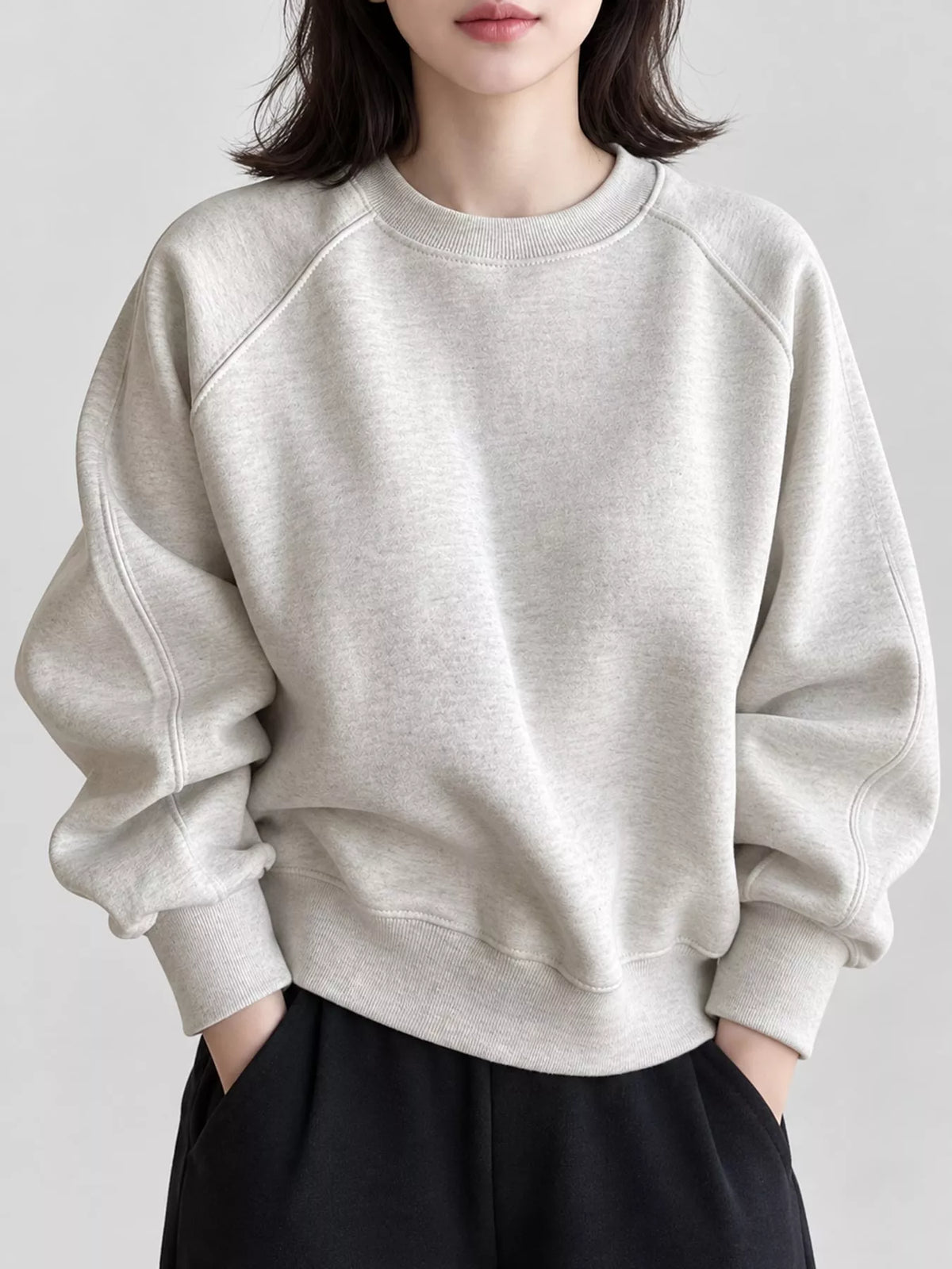 Light Gray ribbed seam detail round neck sweatshirt