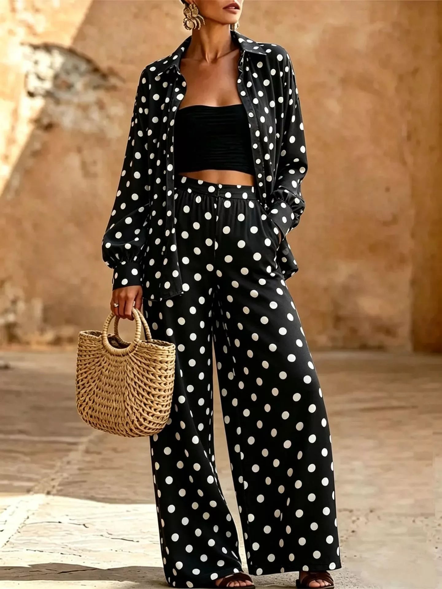Trendsi Full Size Polka Dot Shirt and Wide-Leg Pants Set Plus Size -