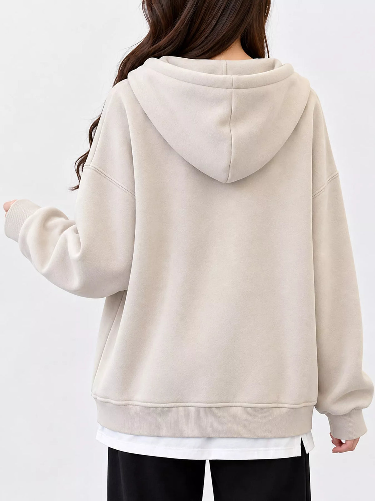 Cream layered look dropped shoulder hoodie, back view